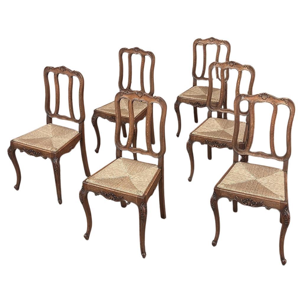 Set of 6 Country French Dining Chairs with Rush Seats