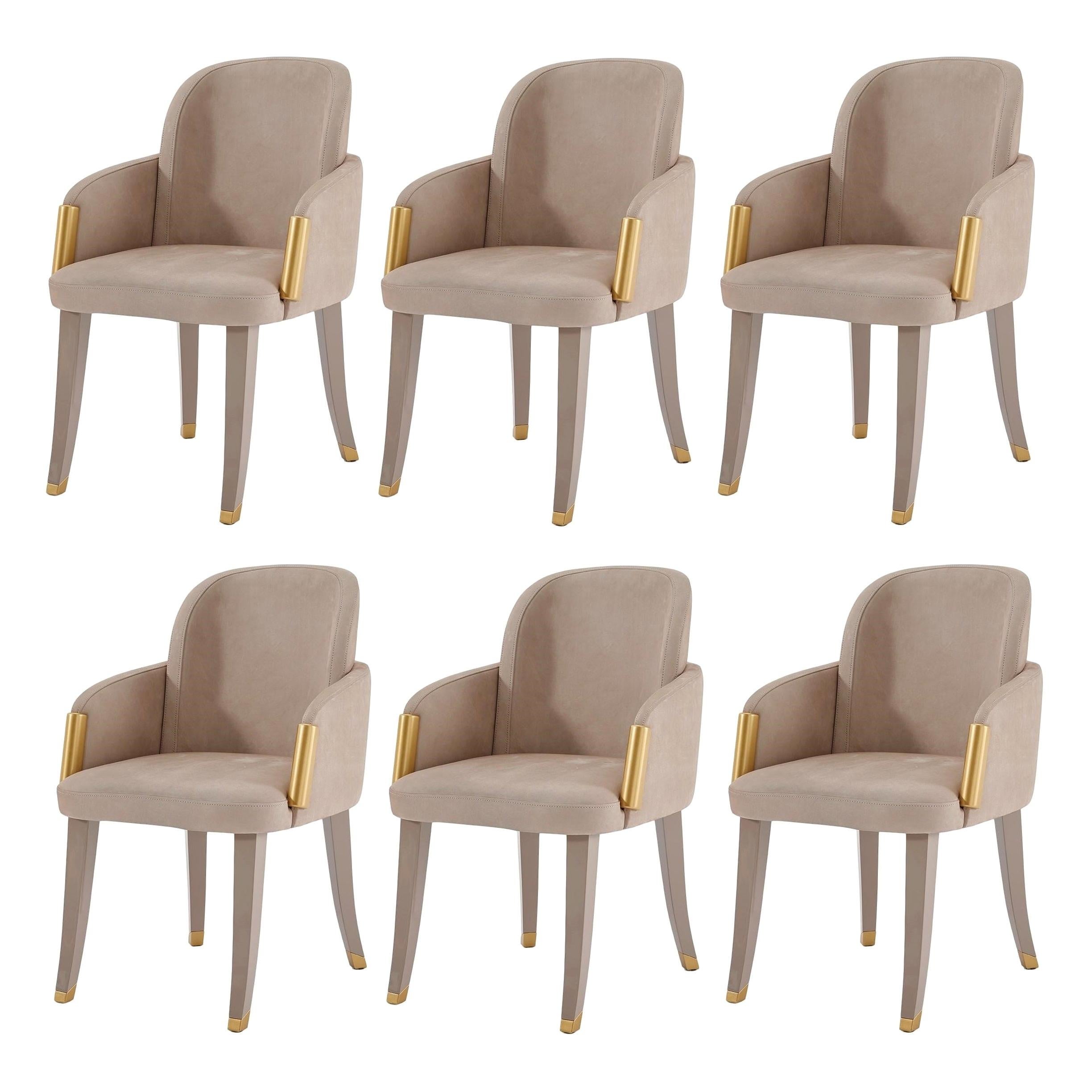 Set of 6 Couture Dining Chairs, Grey Beige Oak/Plated Gold