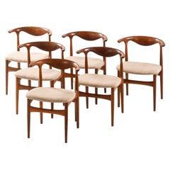 Juego de 6 sillas de comedor «Cowhorn» en tela, roble y teca, de Knud Færch, 1969