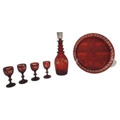 Set of 6' Cranberry Glass Style Decanter with Glasses and Tray
