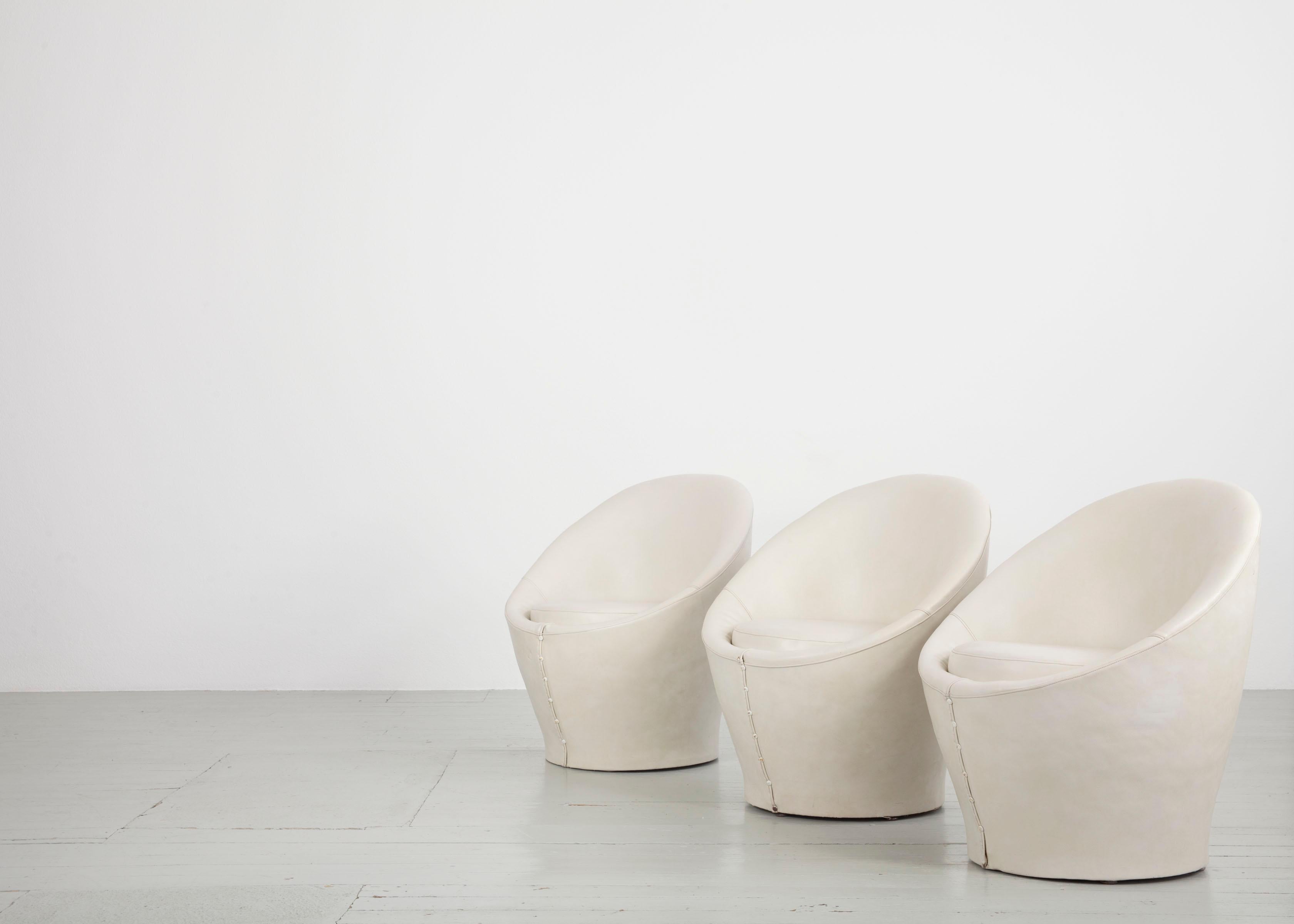 Set of 6 Cream White Leatherette Armchairs in the Style of Pierre Paulin, 1970s 4