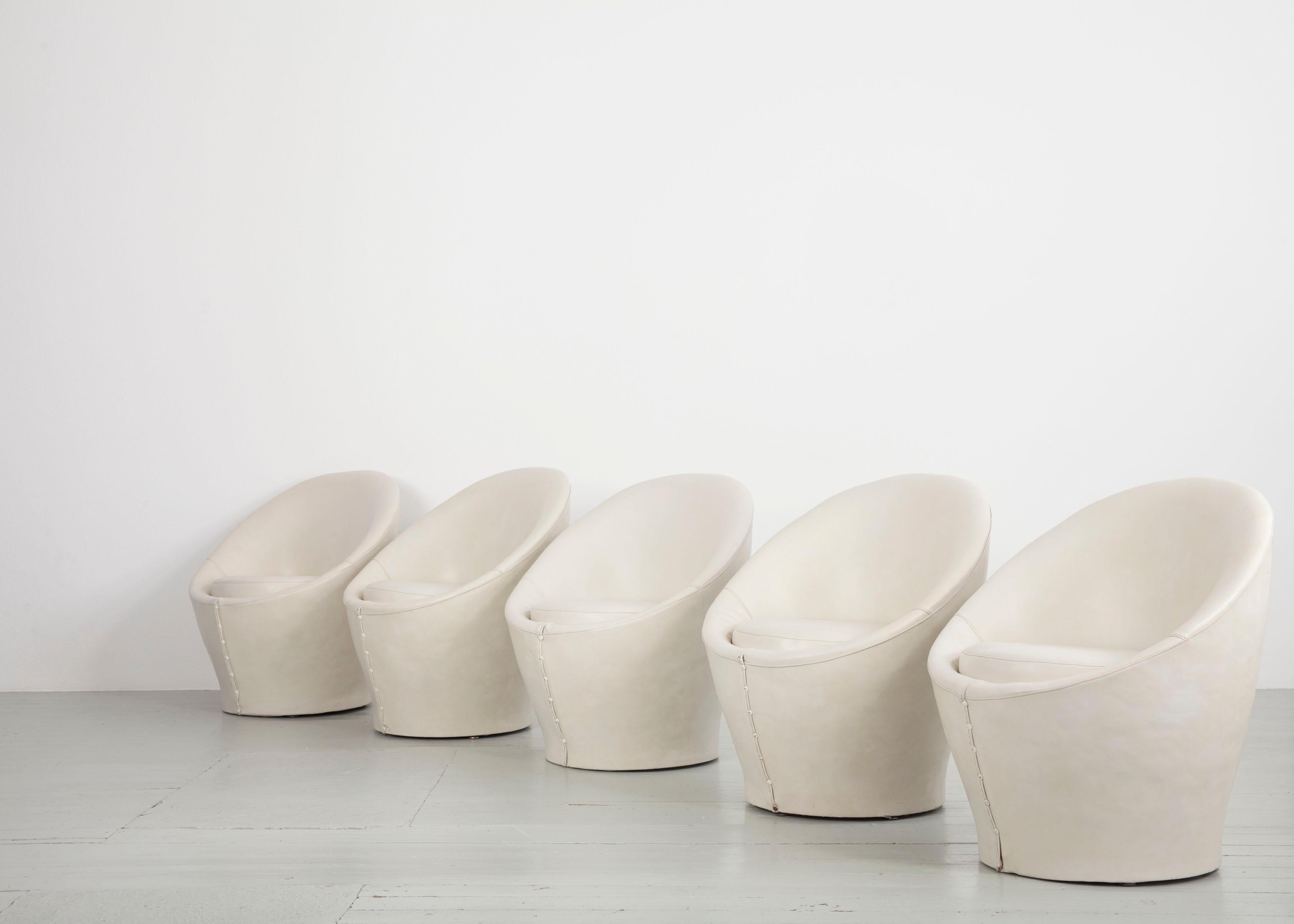 Set of 6 Cream White Leatherette Armchairs in the Style of Pierre Paulin, 1970s 7