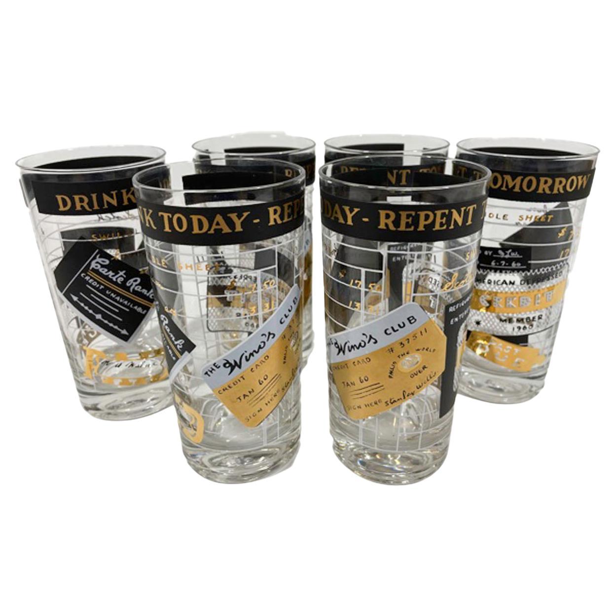 Set of 6 Credit Card Themed Highball Glasses, "Drink Today, Repent Tomorrow"