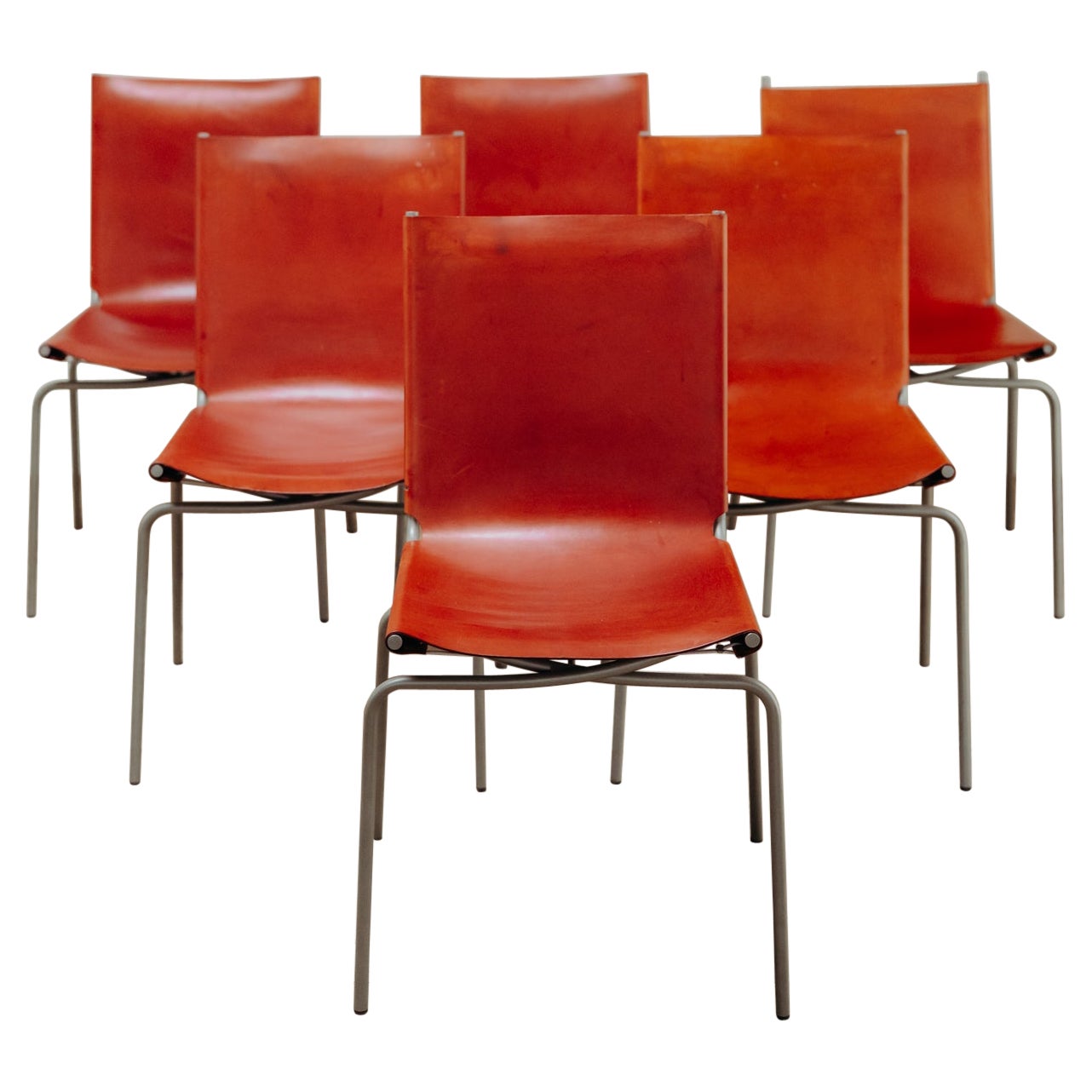 set of 6 crossed legs red leather chairs by Fabian Van Severen For Sale
