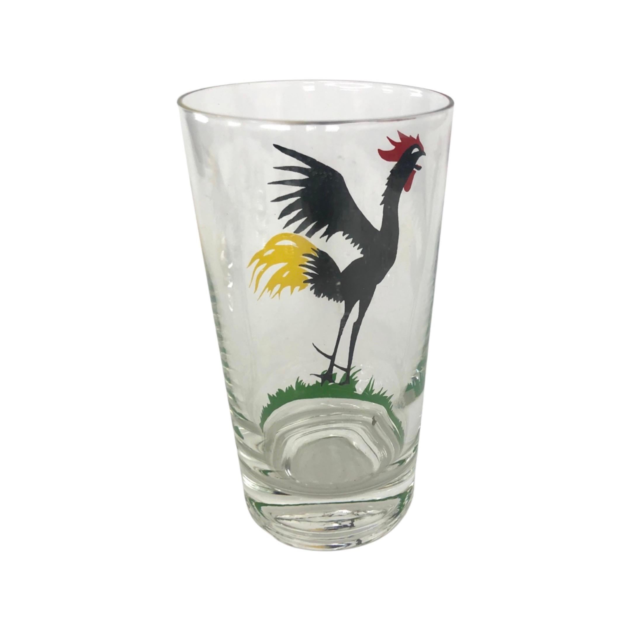 Mid-Century Modern Set of 6 Crowing Rooster Highball Cocktail Glasses For Sale