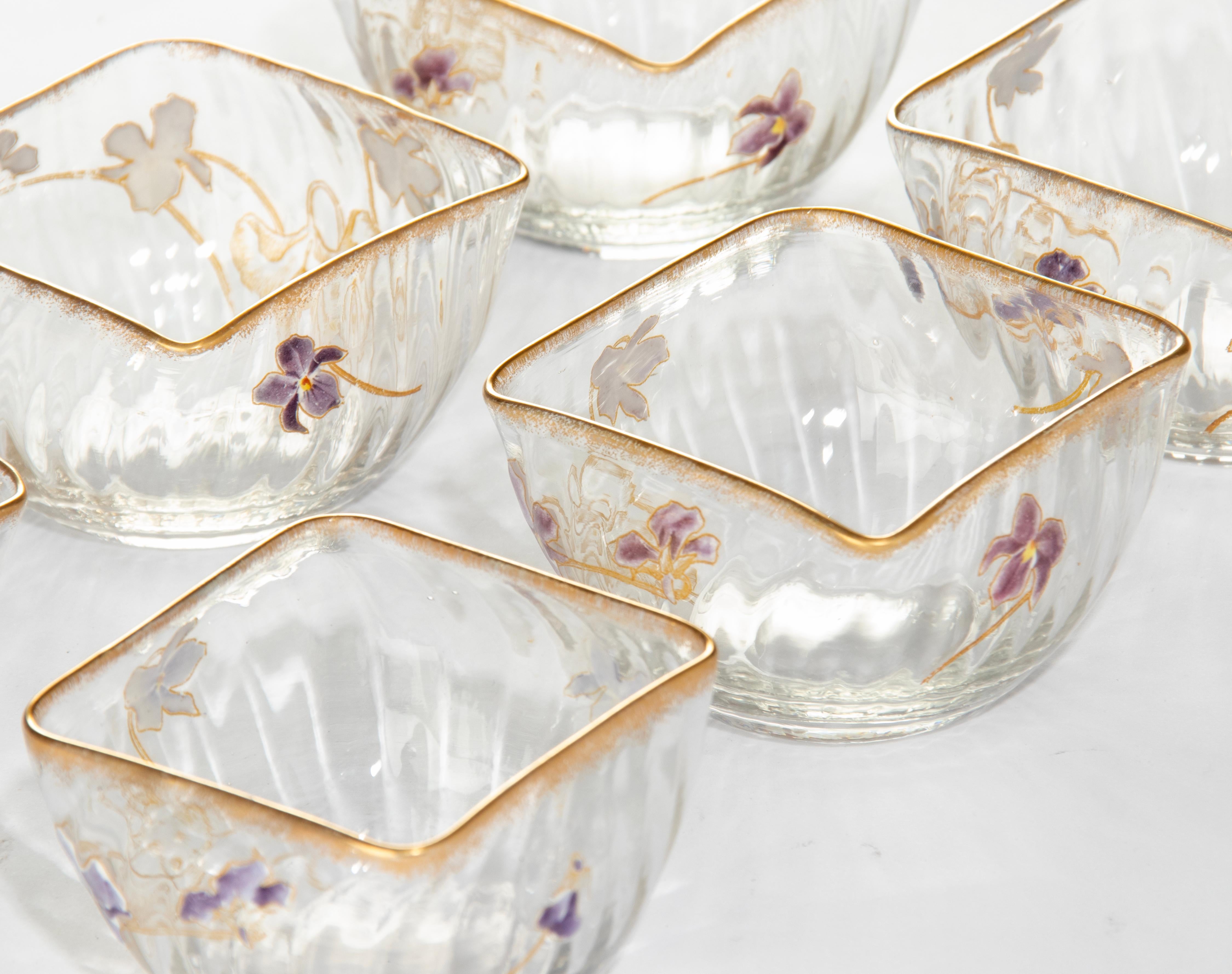 Set of 6 Crystal Art Nouveau Bowls Hand Painted with Flowers Attr. to Daum Nancy For Sale 3