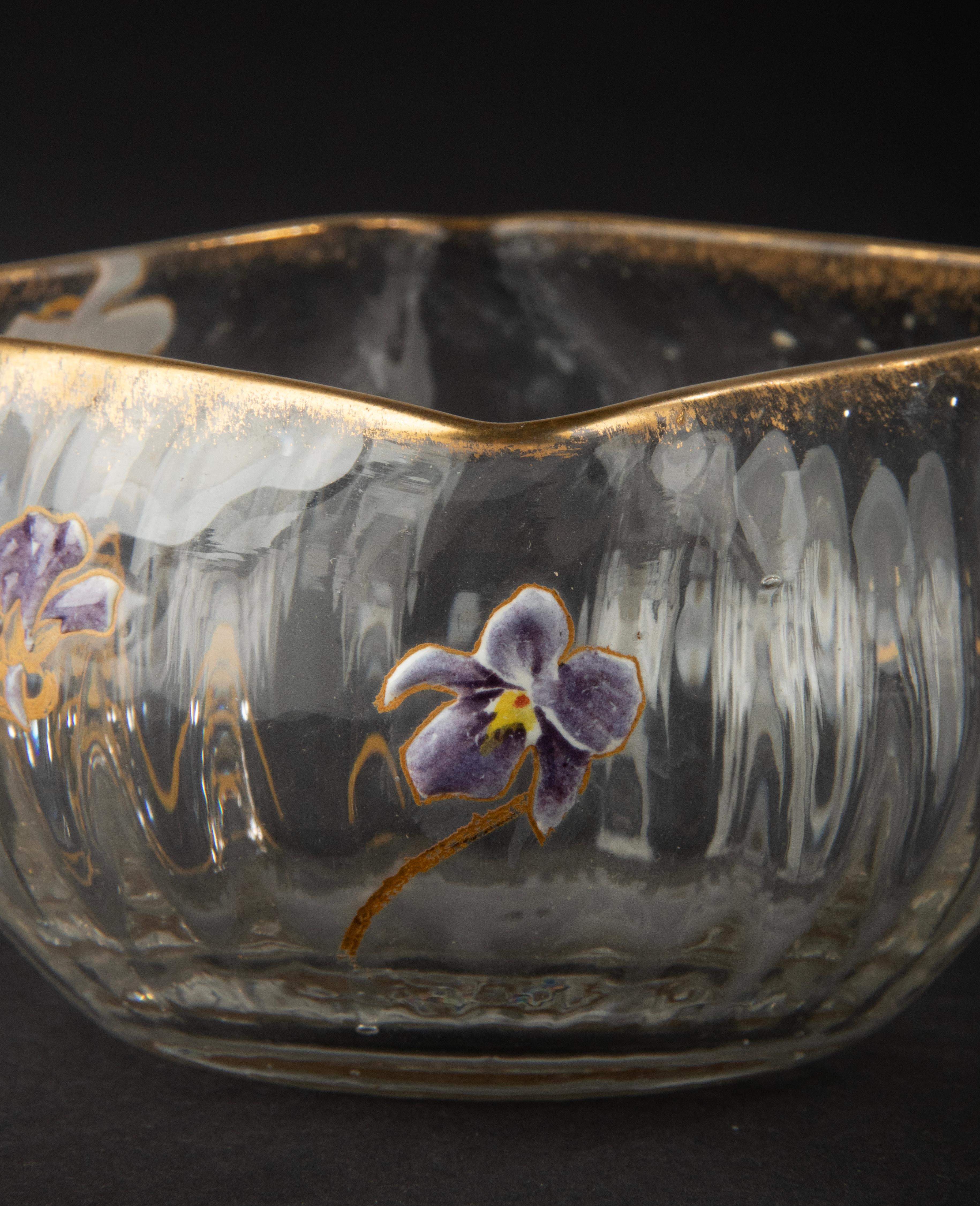 Set of 6 Crystal Art Nouveau Bowls Hand Painted with Flowers Attr. to Daum Nancy For Sale 9