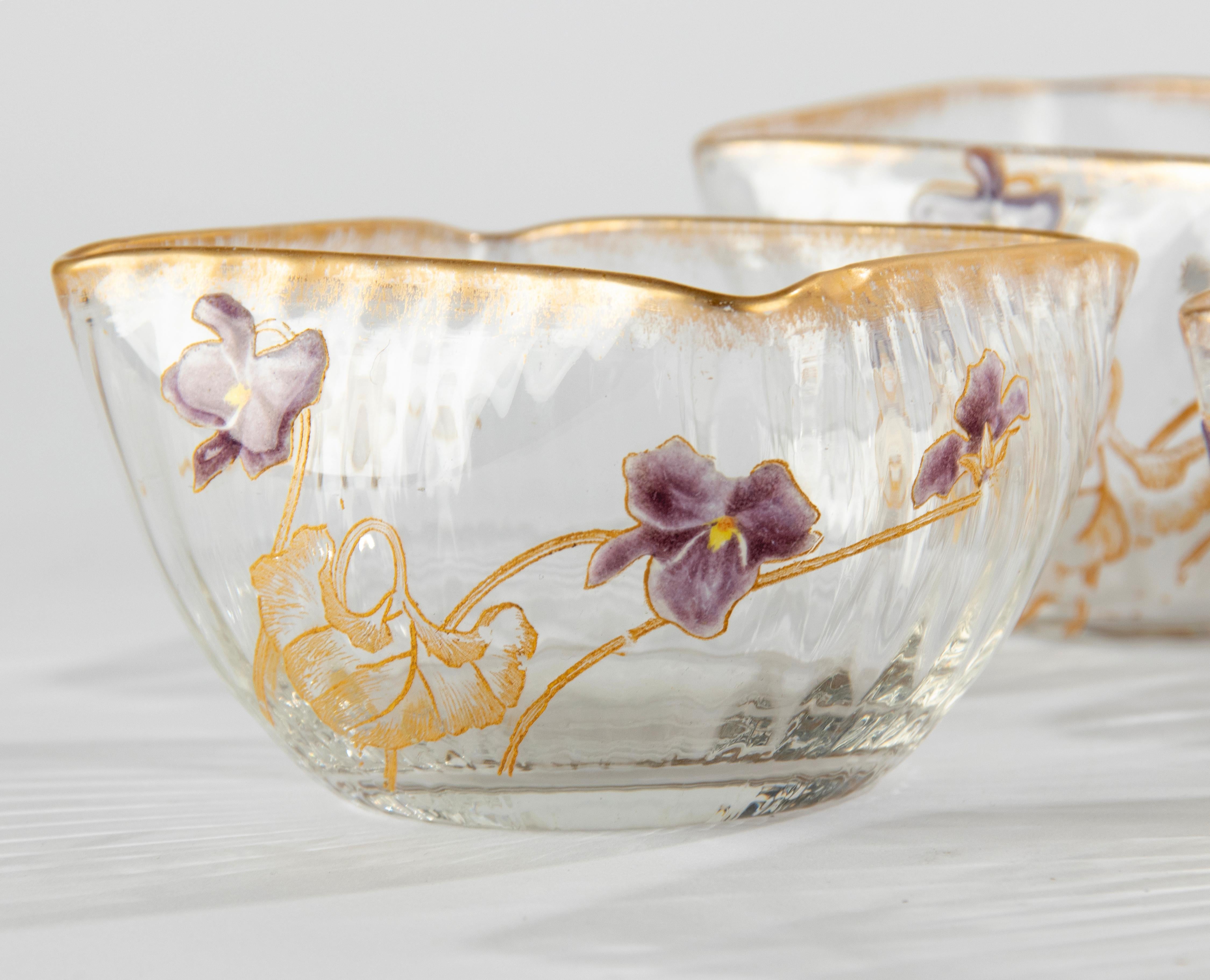 French Set of 6 Crystal Art Nouveau Bowls Hand Painted with Flowers Attr. to Daum Nancy For Sale