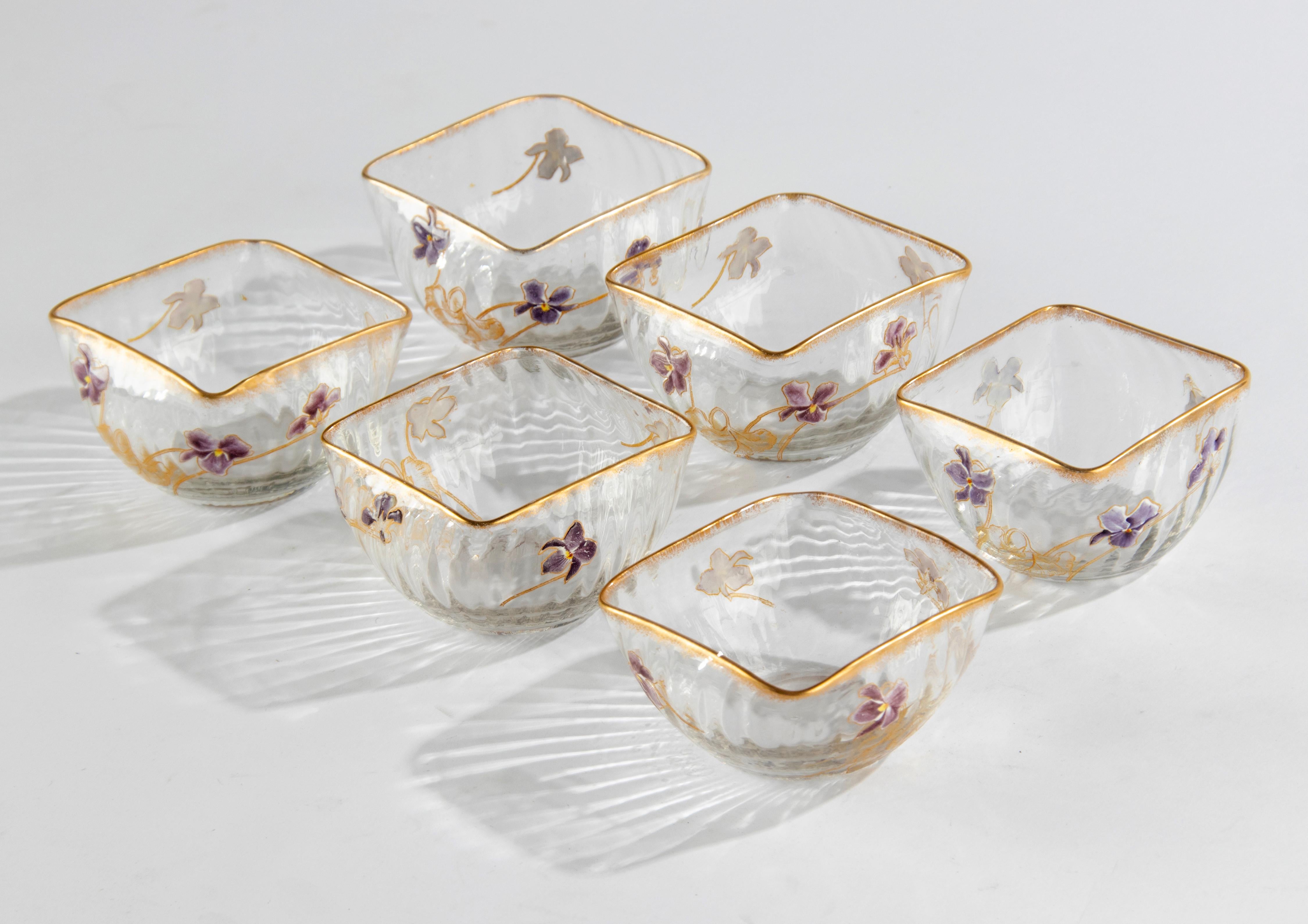 Late 19th Century Set of 6 Crystal Art Nouveau Bowls Hand Painted with Flowers Attr. to Daum Nancy For Sale