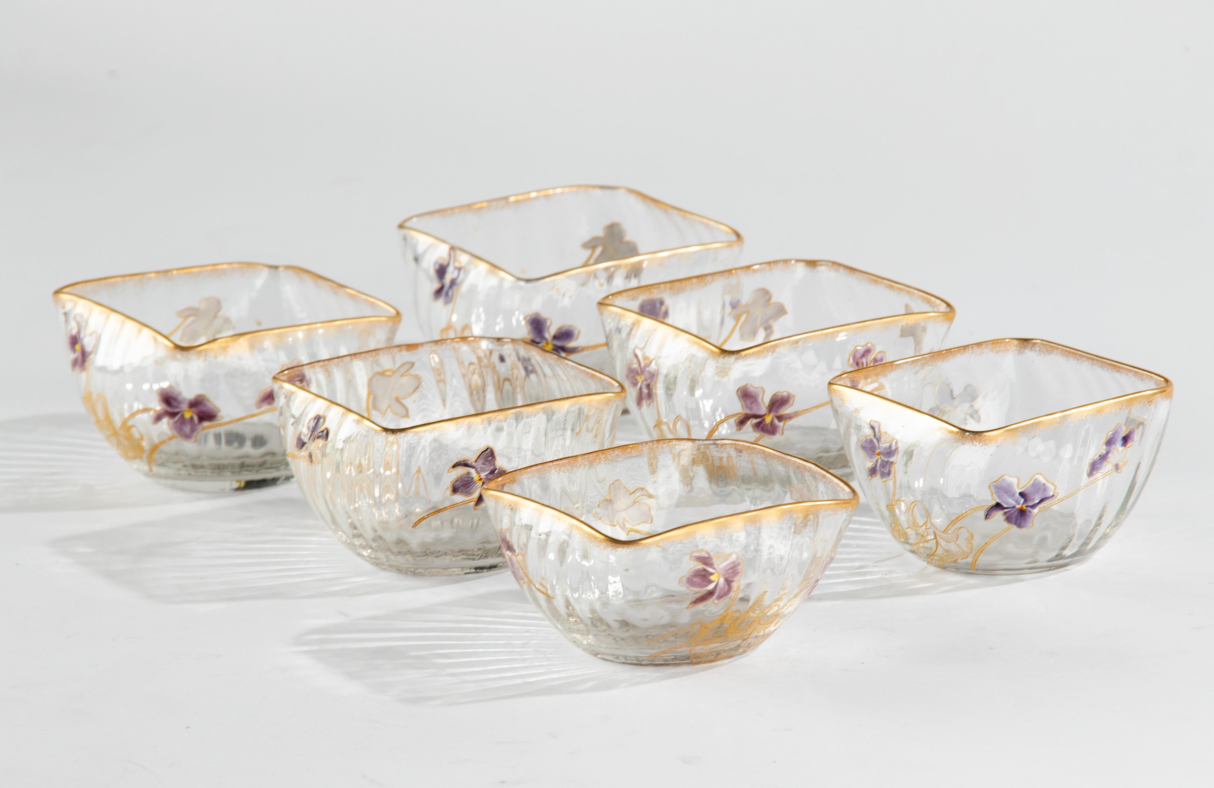 Set of 6 Crystal Art Nouveau Bowls Hand Painted with Flowers Attr. to Daum Nancy For Sale 2