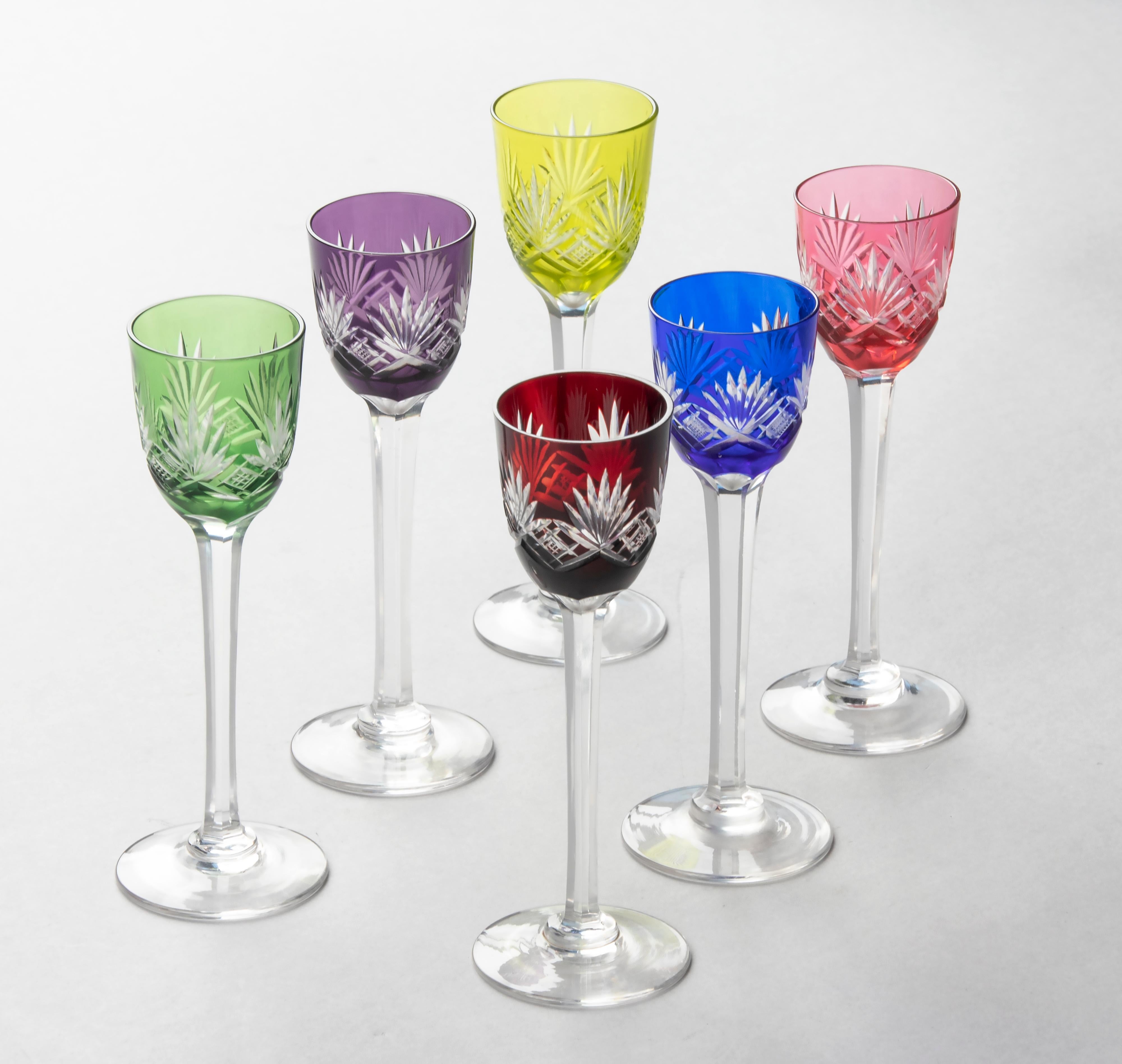 Set of 6 Crystal Colored Liquor Glasses Made by Val Saint Lambert 3