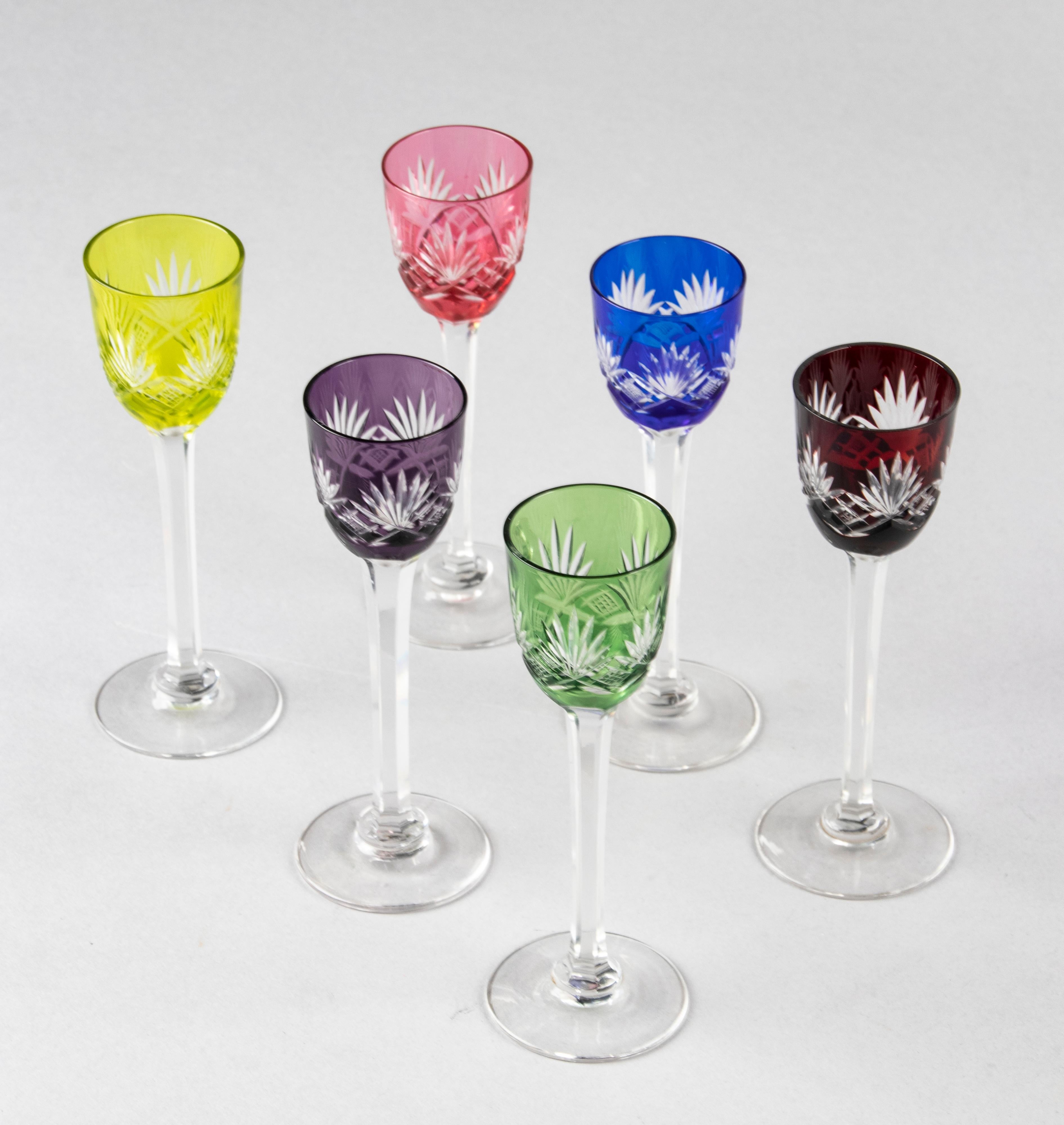 Belgian Set of 6 Crystal Colored Liquor Glasses Made by Val Saint Lambert