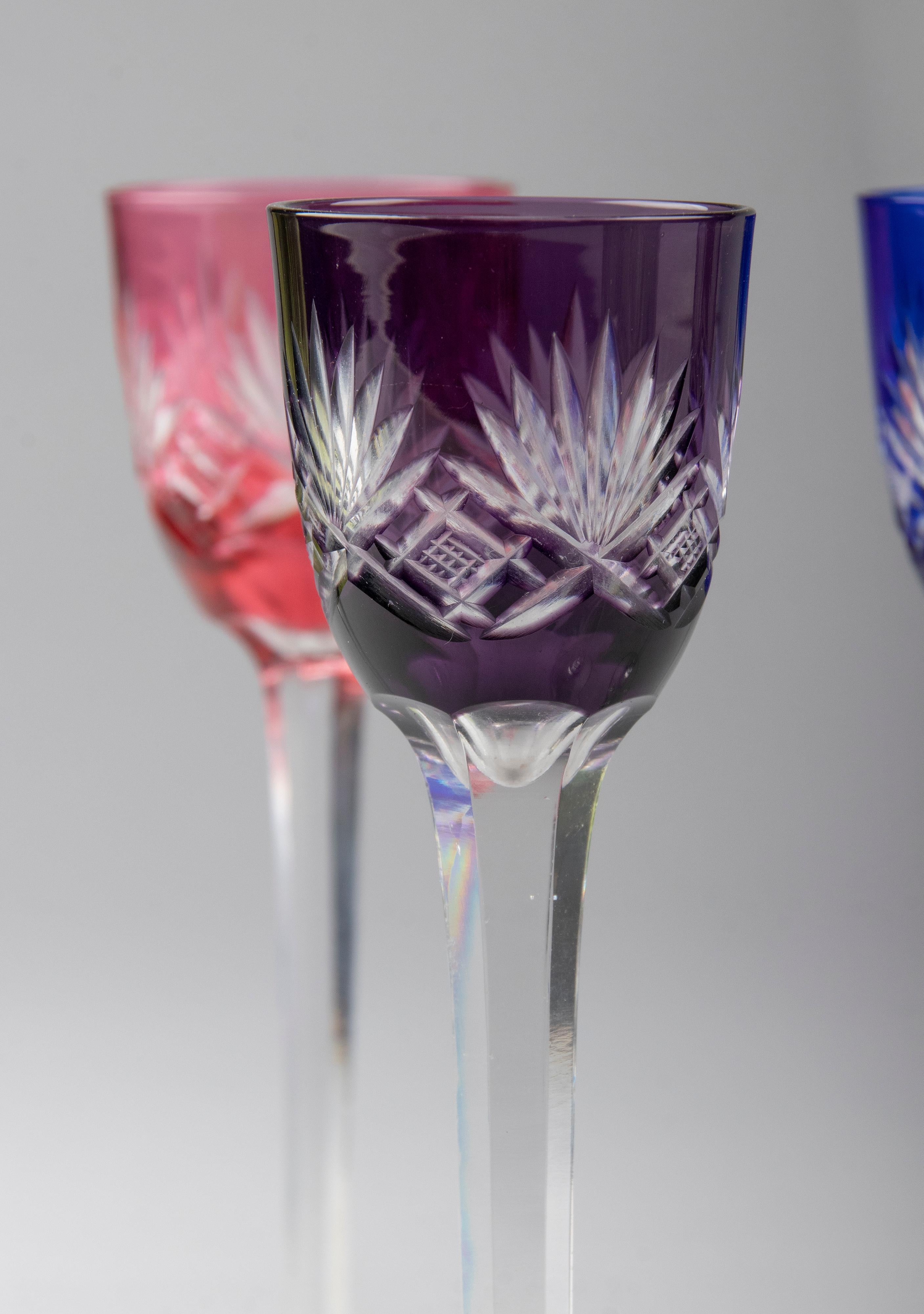 Hand-Crafted Set of 6 Crystal Colored Liquor Glasses Made by Val Saint Lambert