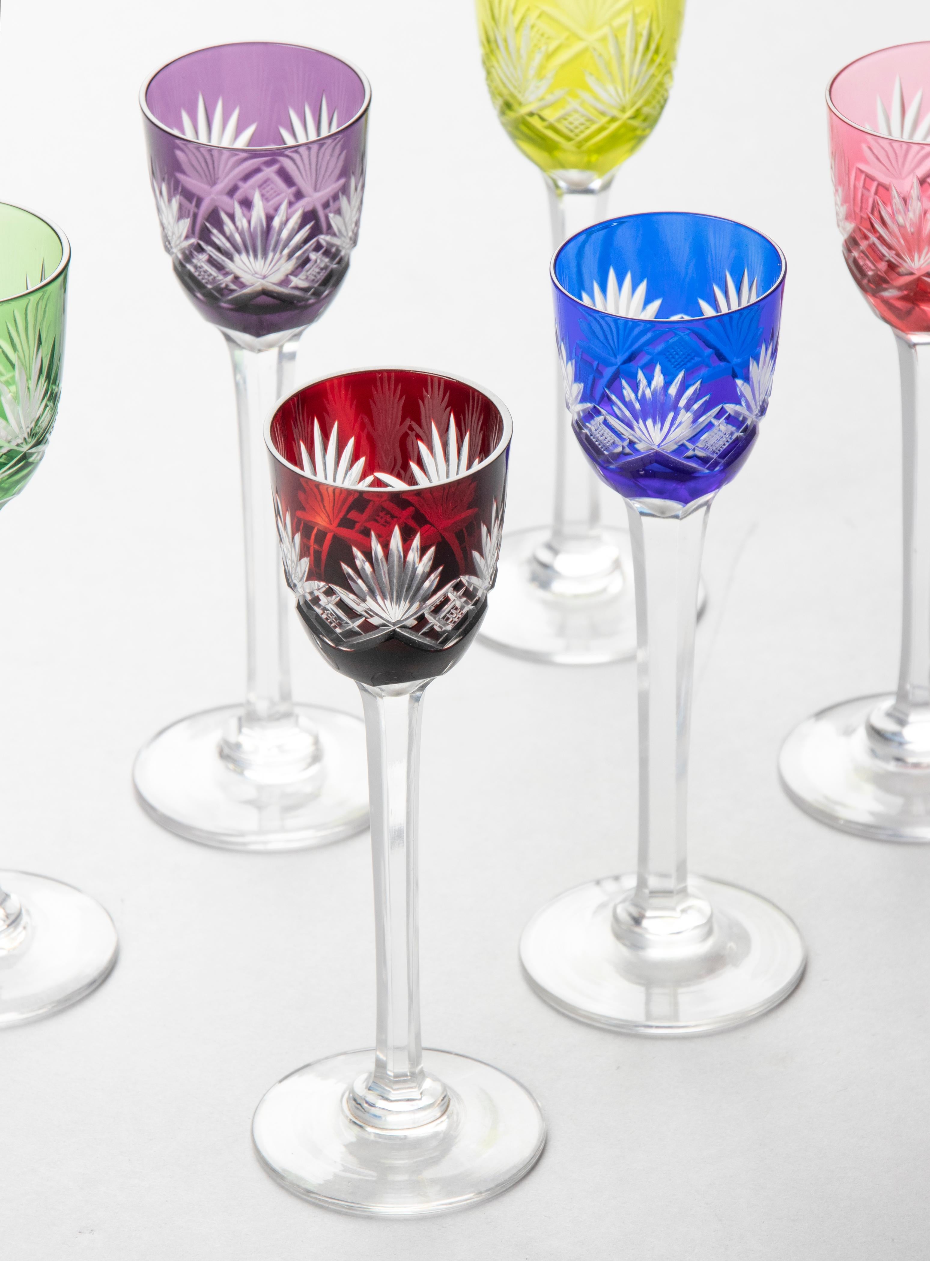 Mid-20th Century Set of 6 Crystal Colored Liquor Glasses Made by Val Saint Lambert