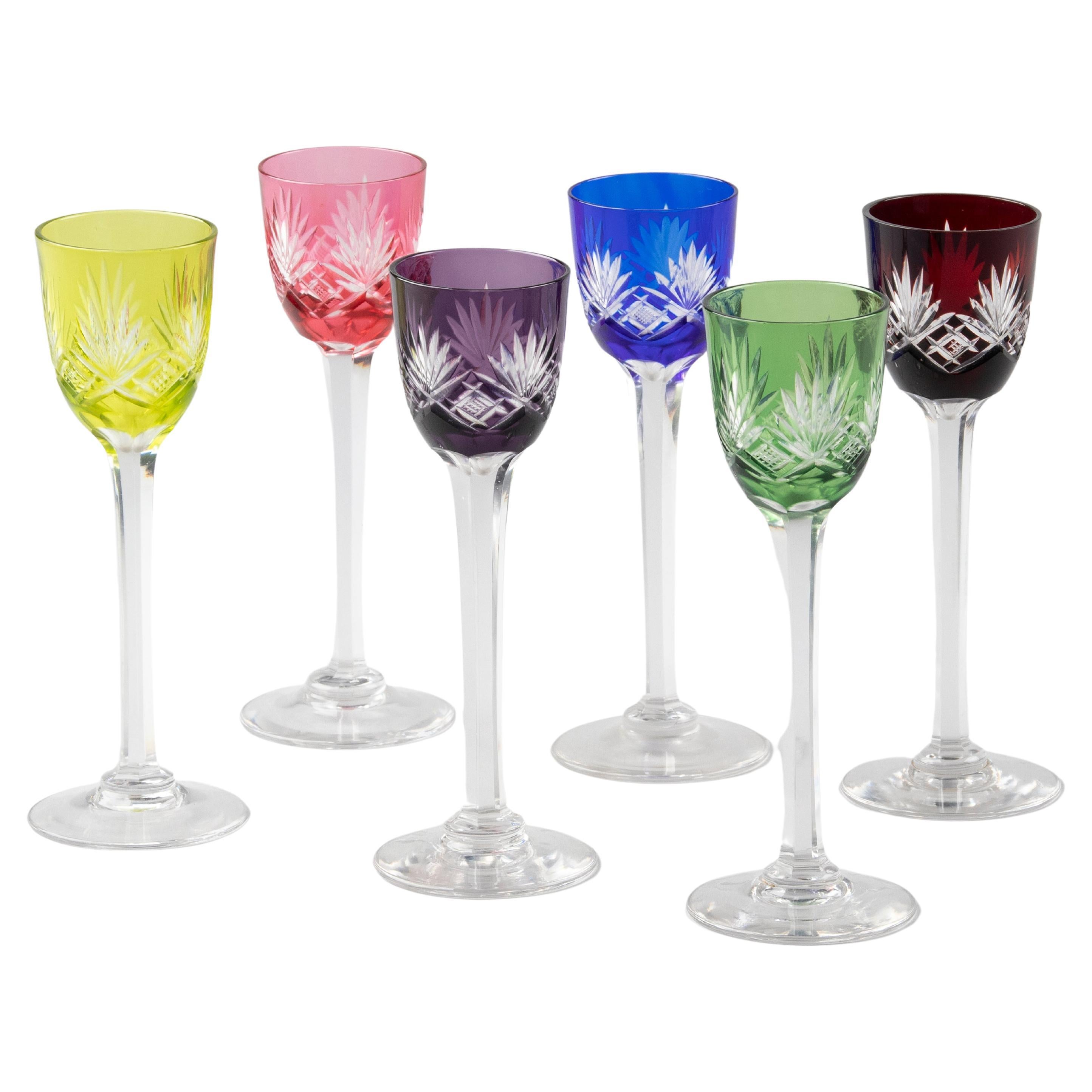 Set of 6 Crystal Colored Liquor Glasses Made by Val Saint Lambert