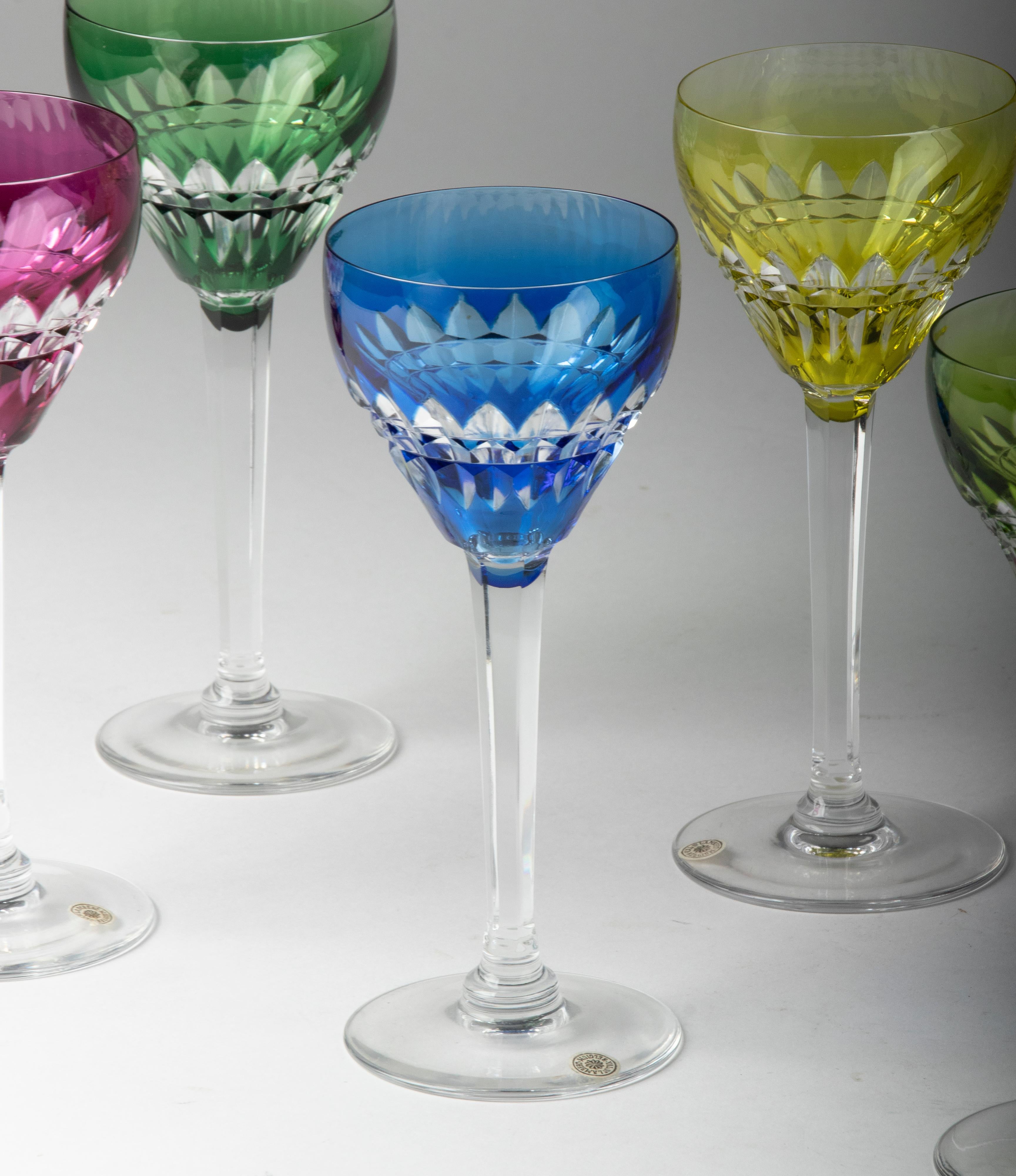 Belgian Set of 6 Crystal Colored Wine Glasses by Val Saint Lambert circa 1950 