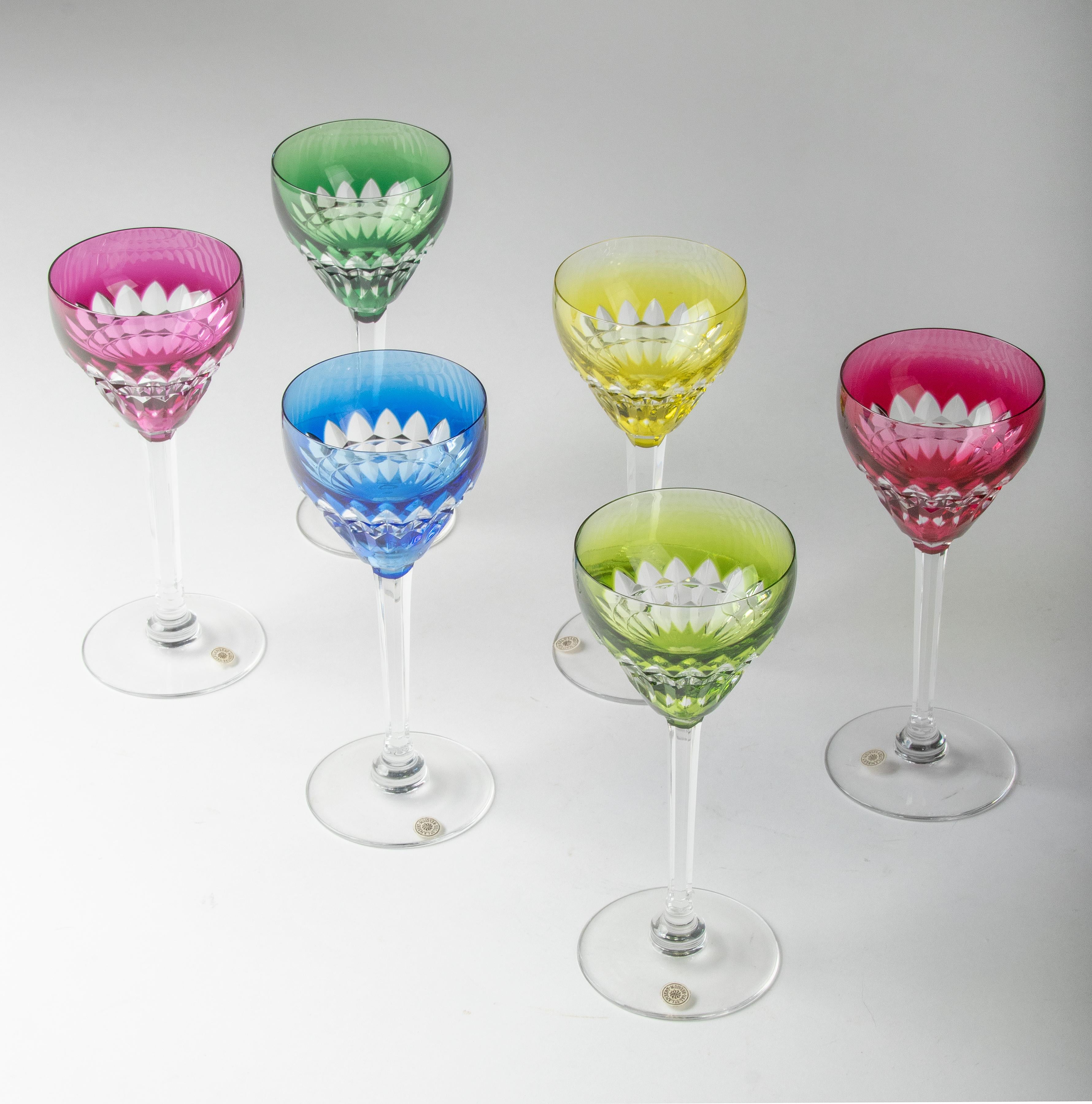 Set of 6 Crystal Colored Wine Glasses by Val Saint Lambert circa 1950  In Good Condition In Casteren, Noord-Brabant