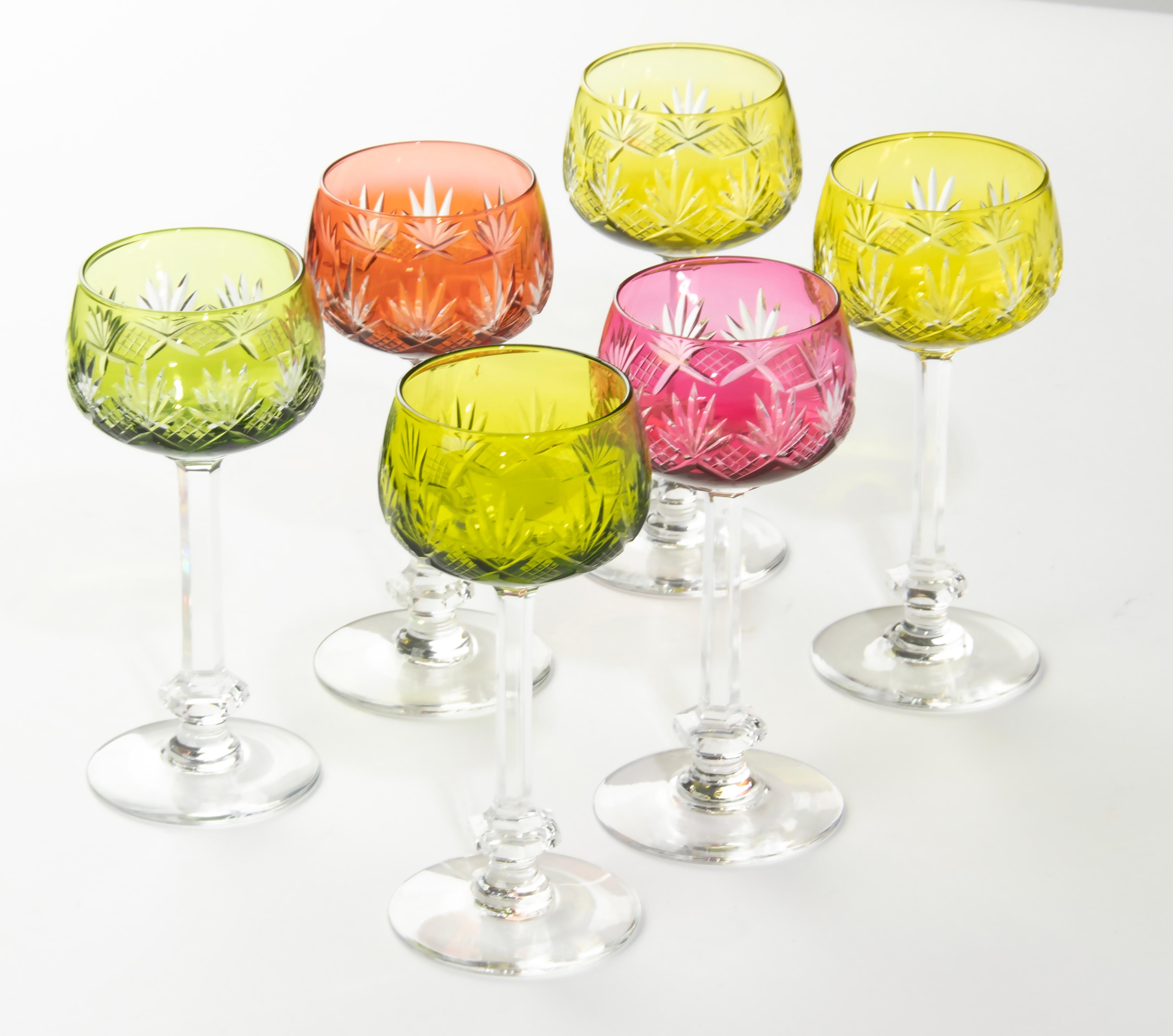 Early 20th Century Set of 6 Crystal Colored Wine Glasses Made by Val Saint Lambert For Sale