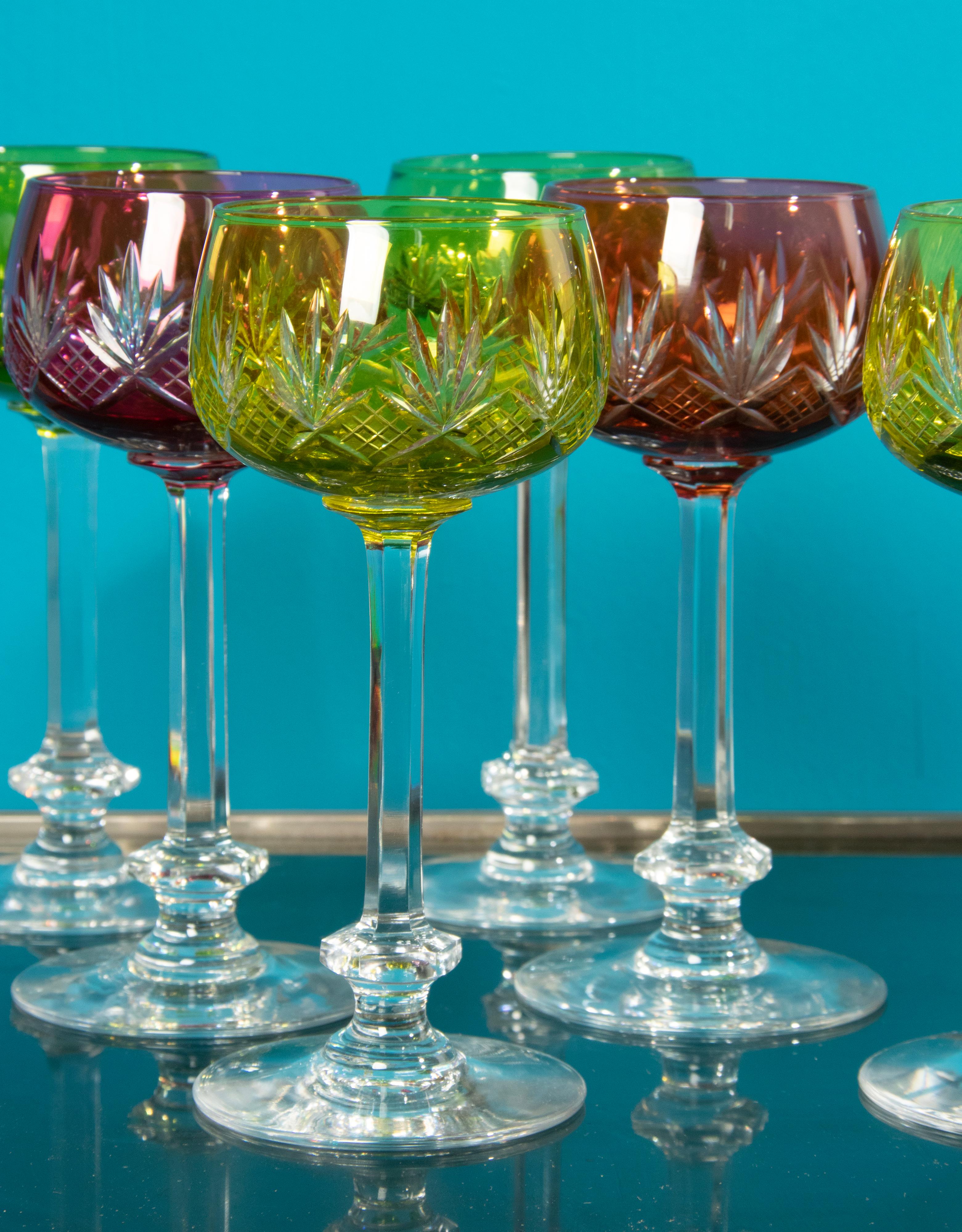 Set of 6 Crystal Colored Wine Glasses Made by Val Saint Lambert For Sale 6