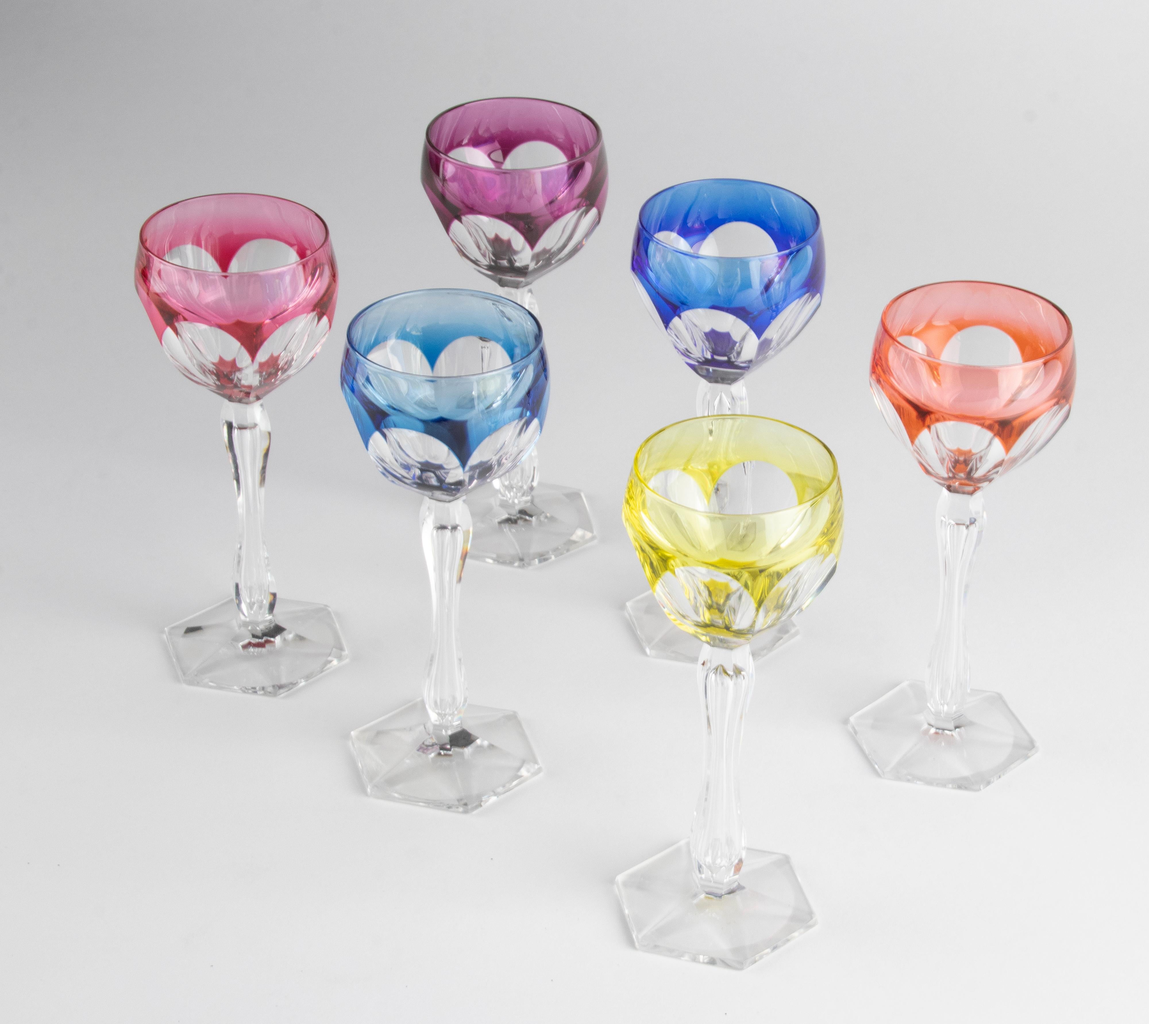 Mid-Century Modern Set of 6 Crystal Colored Wine Glasses Made by Val Saint Lambert