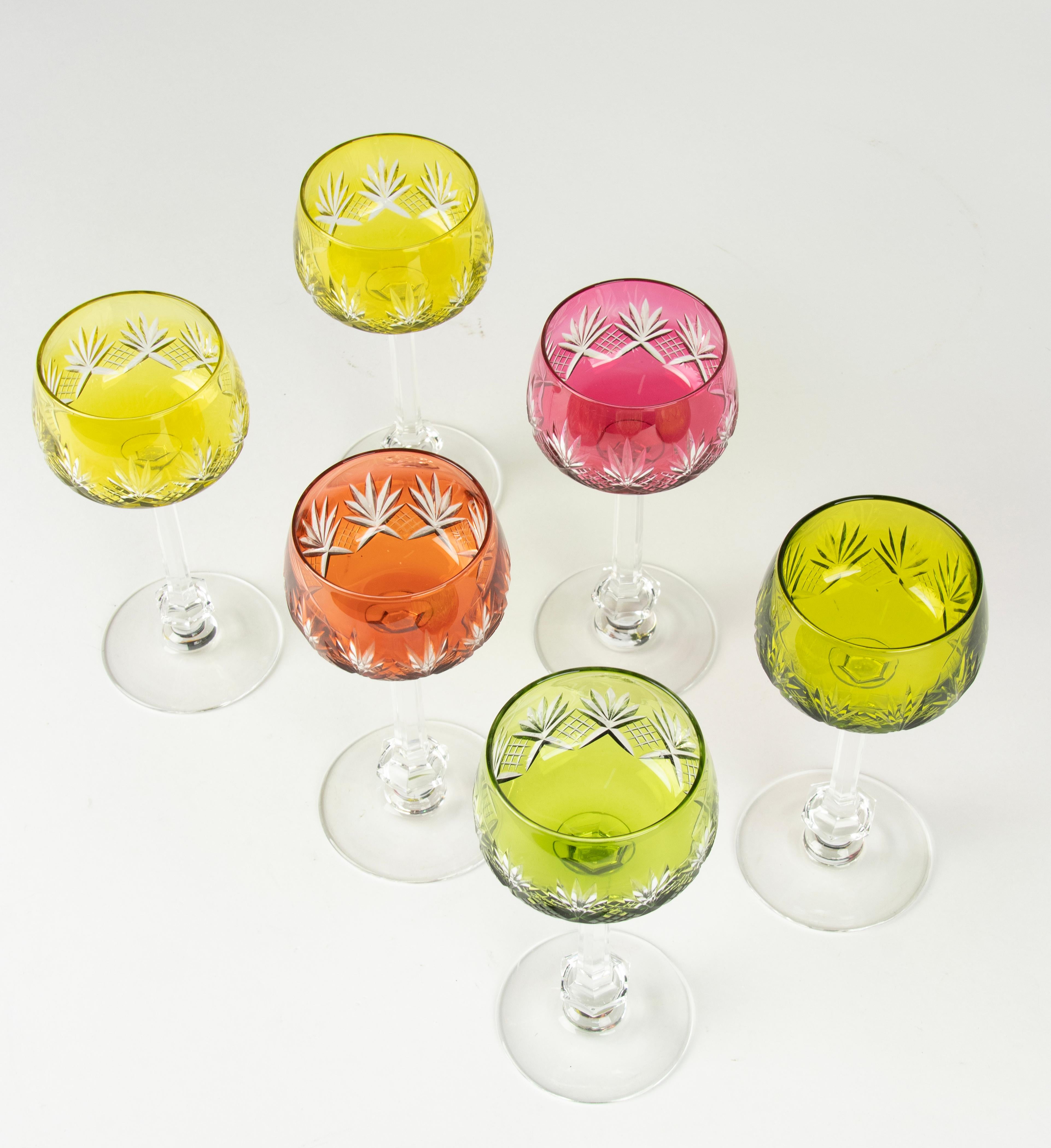 Belgian Set of 6 Crystal Colored Wine Glasses Made by Val Saint Lambert For Sale