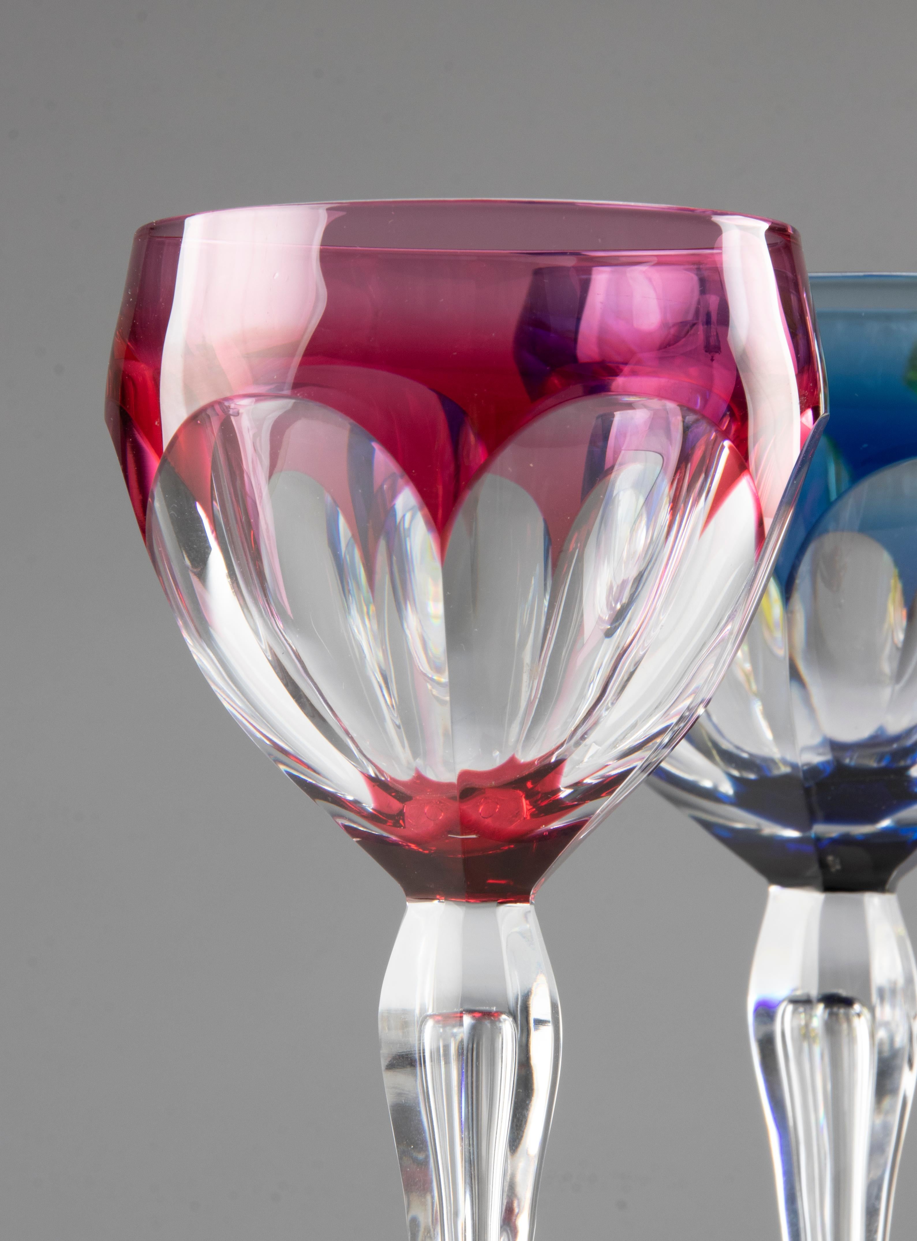 Hand-Crafted Set of 6 Crystal Colored Wine Glasses Made by Val Saint Lambert