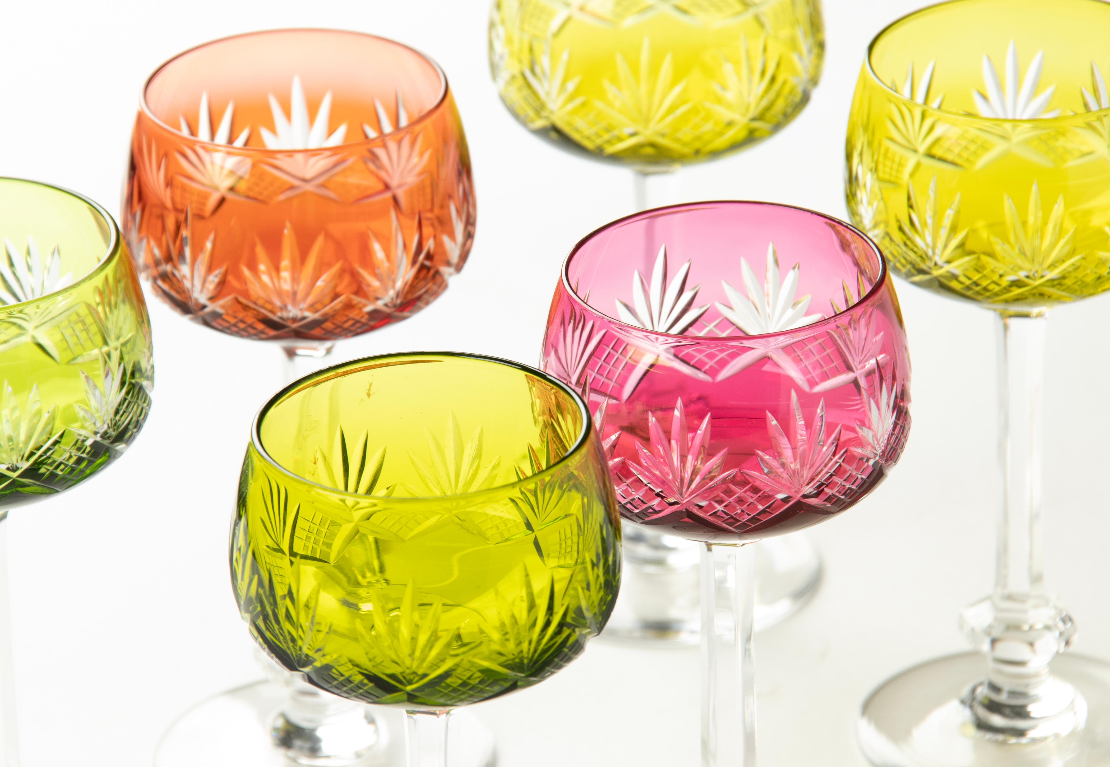 Hand-Crafted Set of 6 Crystal Colored Wine Glasses Made by Val Saint Lambert For Sale