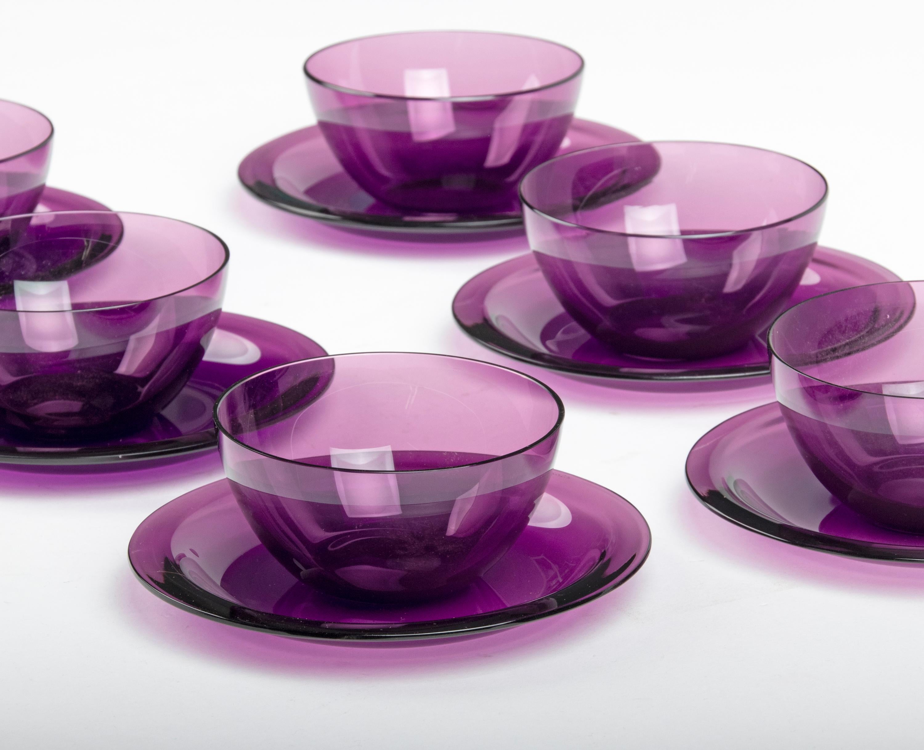 Set of 6 Crystal Fruitbowls with Saucers by Lalique France 1