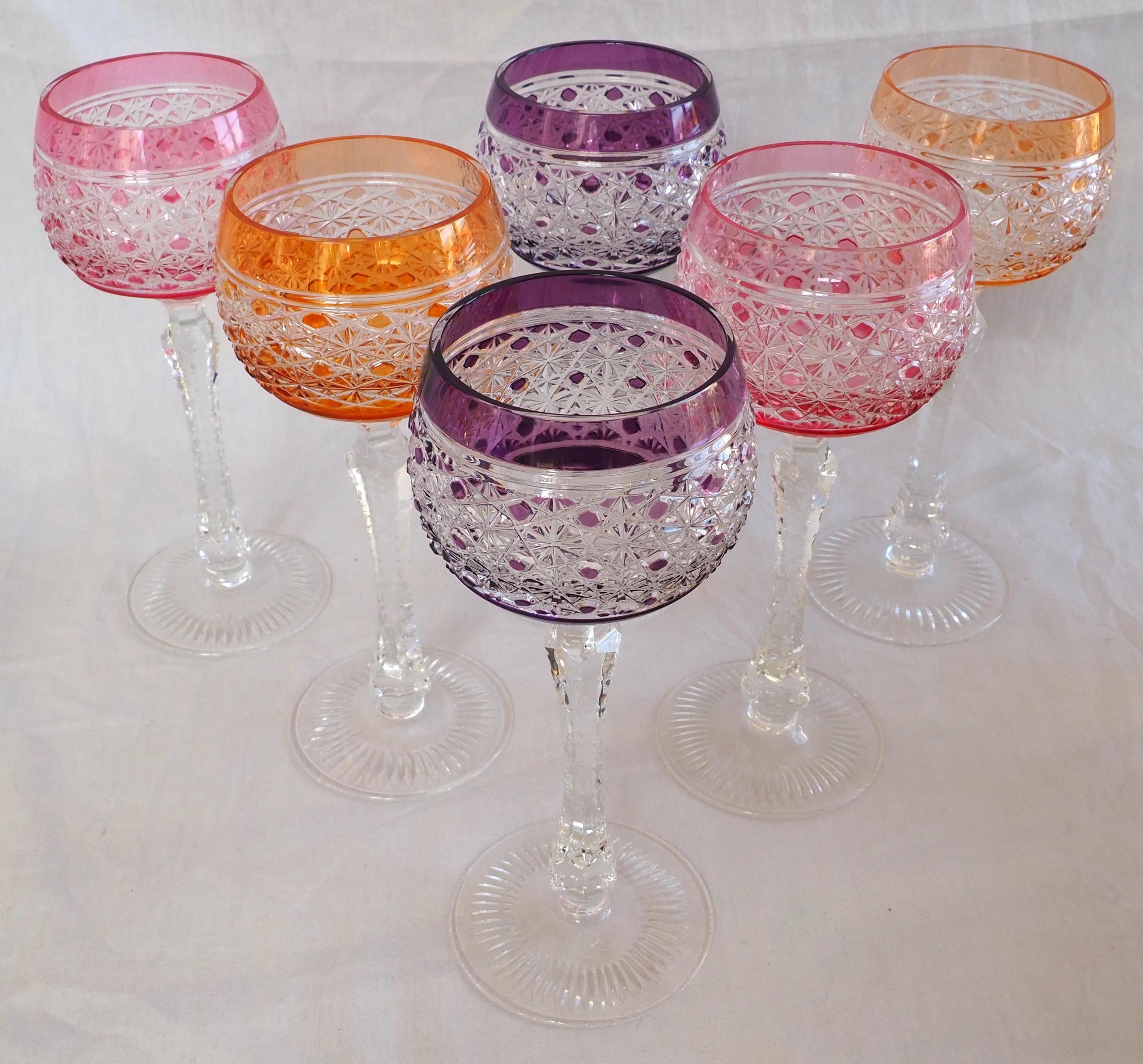 Art Nouveau Set of 6 crystal hock / wine glasses / roemers - France, early 20th century