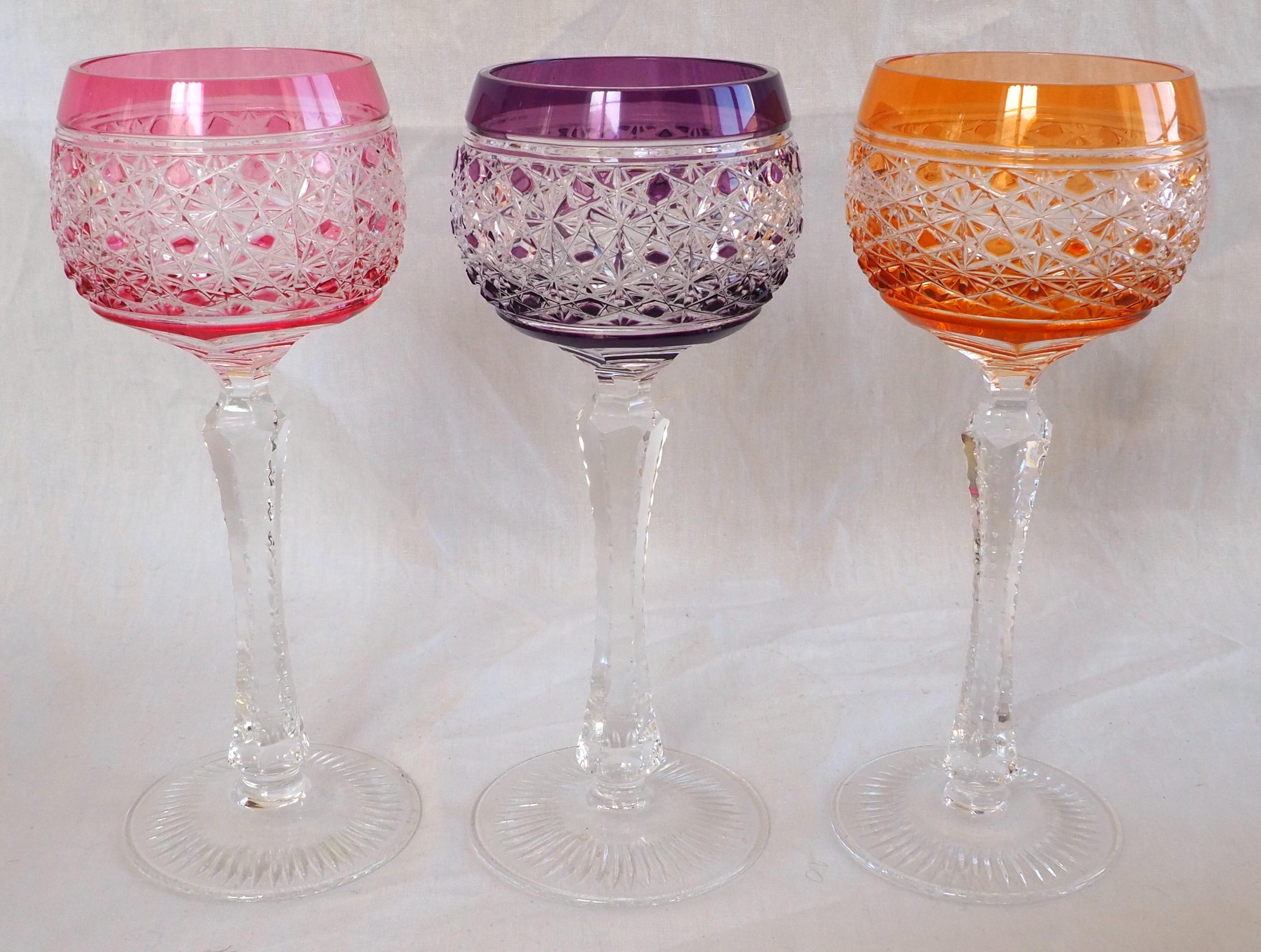 French Set of 6 crystal hock / wine glasses / roemers - France, early 20th century