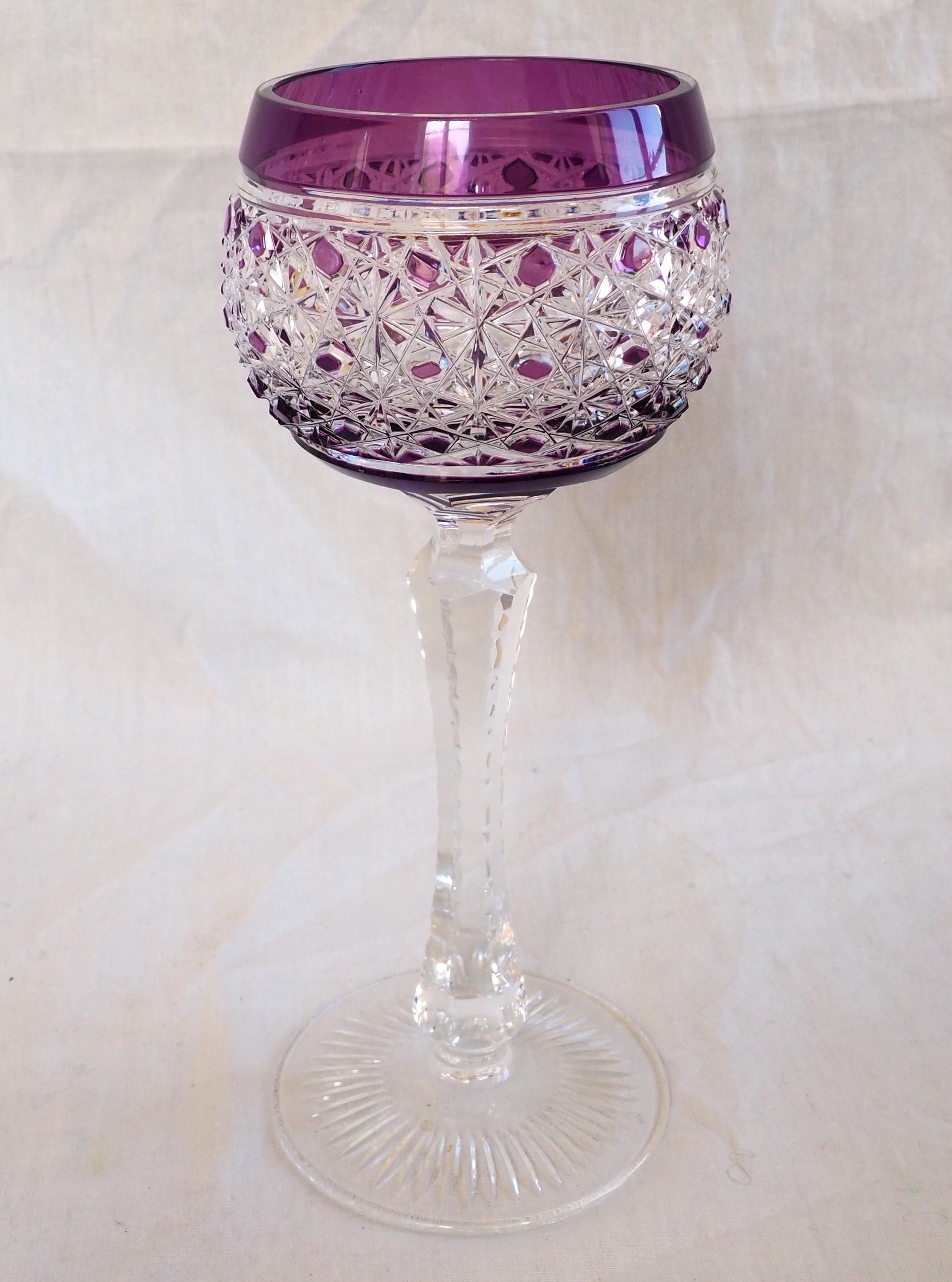 Hand-Carved Set of 6 crystal hock / wine glasses / roemers - France, early 20th century