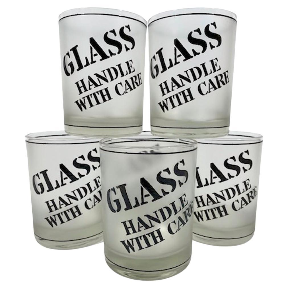 Set of 6 Culver Rocks Glasses with "Glass, Handle with Care" on a Frosted Ground For Sale