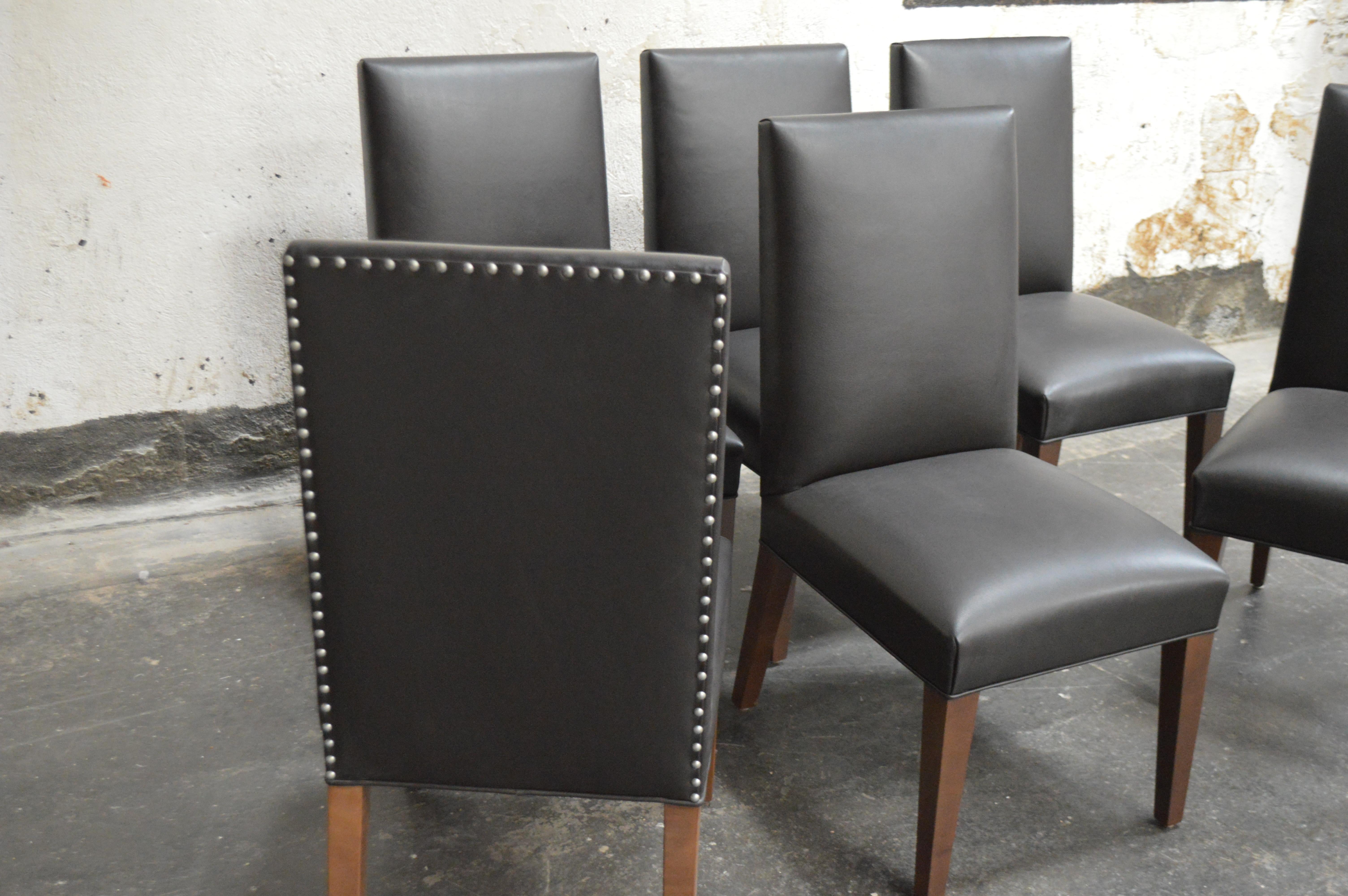 These custom Bjork Studio Vaughn dining chairs are ready for a dinner party. High end top grain chocolate brown leather and detailed with spaced zinc nail-heads along the outside back.
Details
Dimensions 20
