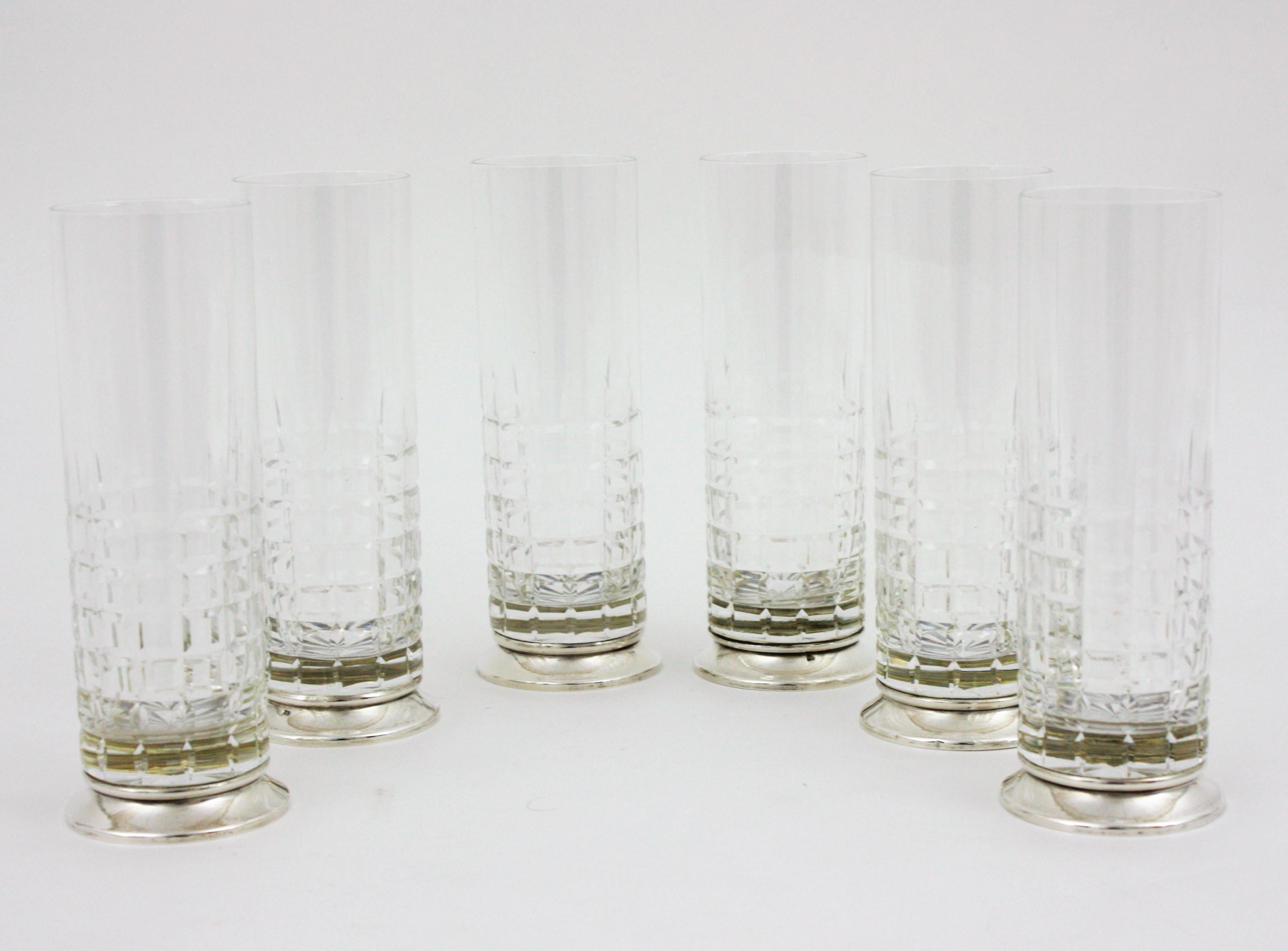 Set of 6 Cut Crystal and Sterling Silver Highball Glasses For Sale 4