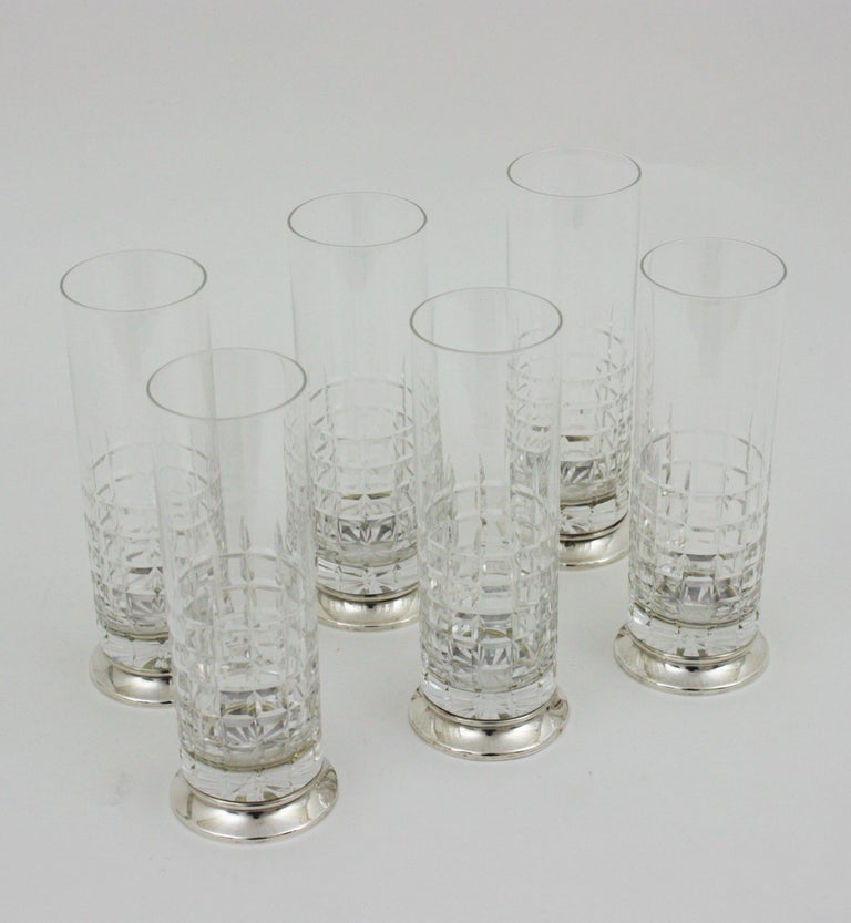 Set of 6 Cut Crystal and Sterling Silver Highball Glasses For Sale at