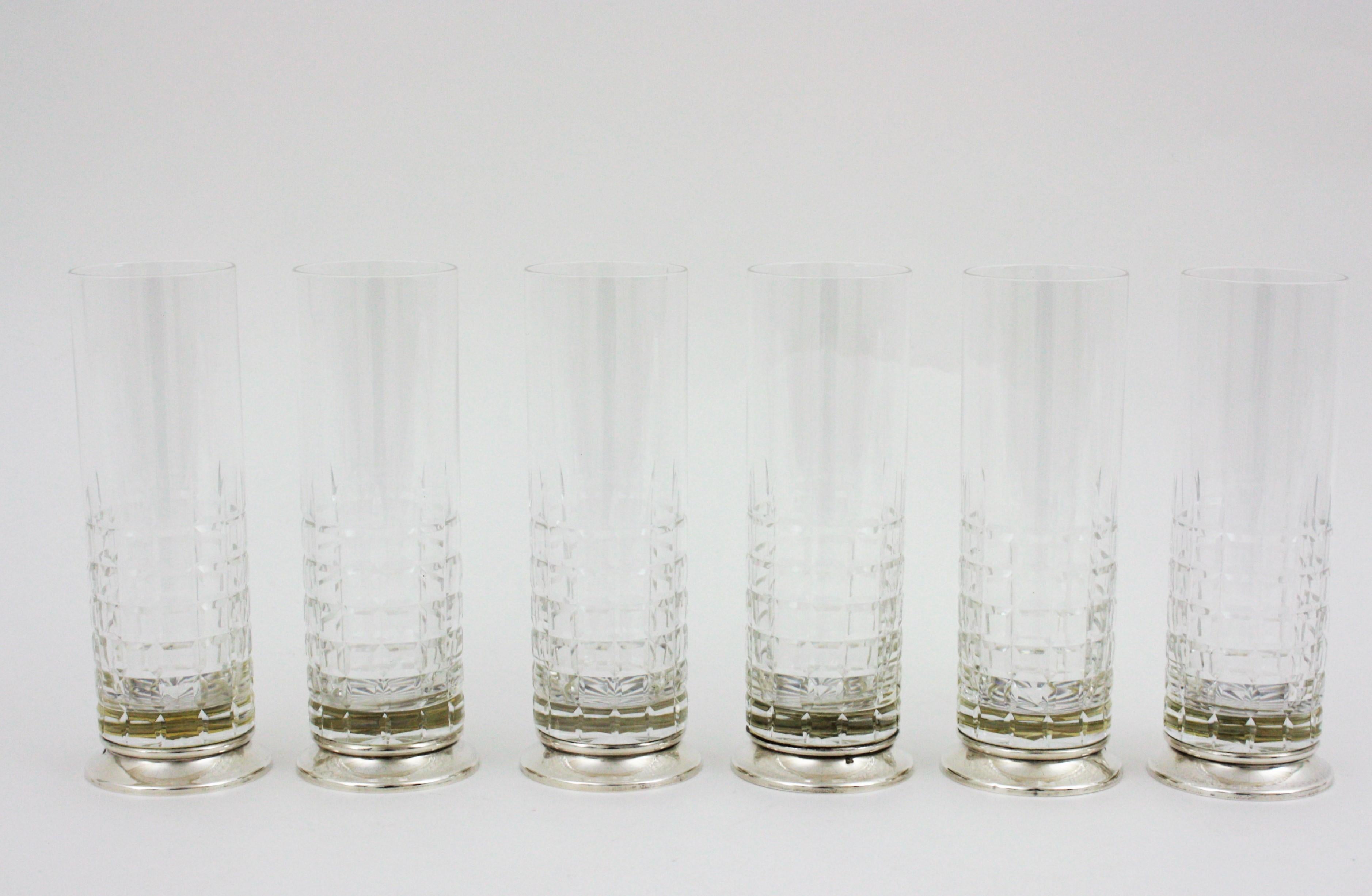 Spanish Set of 6 Cut Crystal and Sterling Silver Highball Glasses For Sale