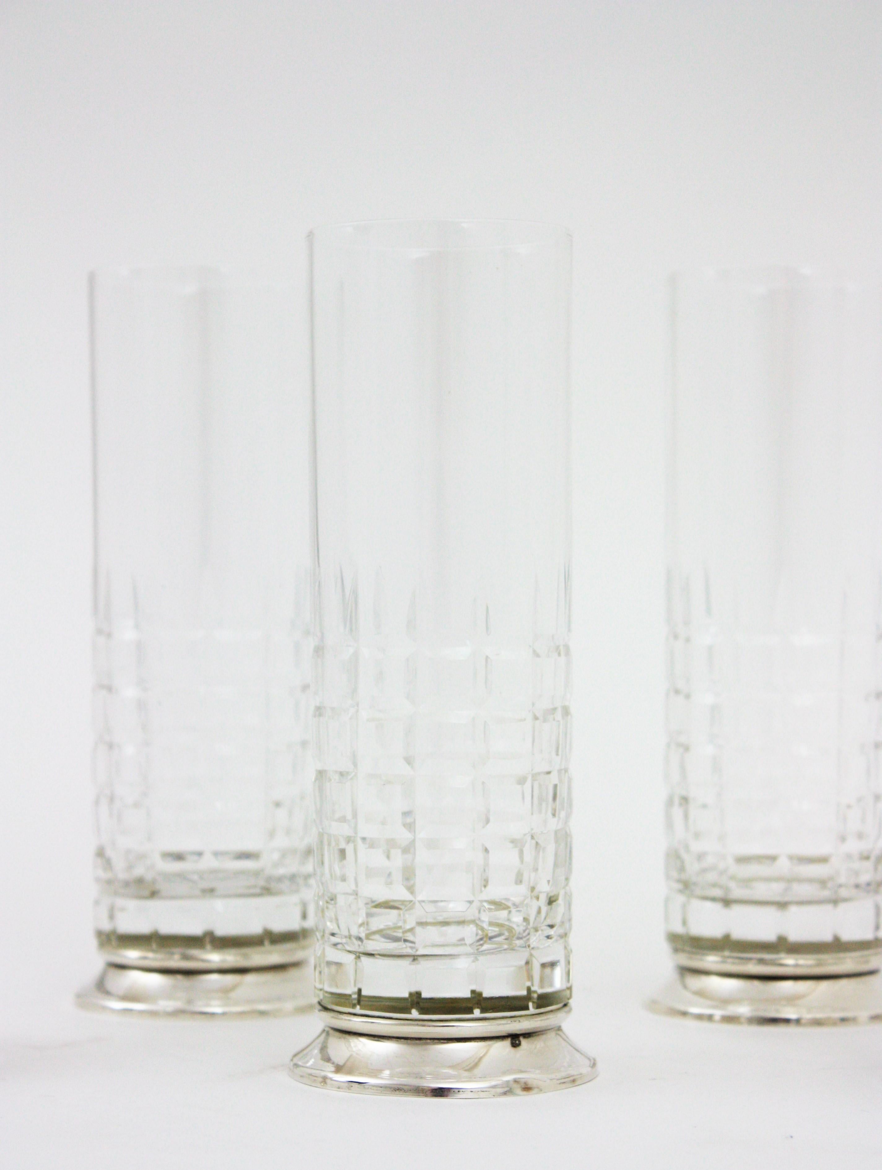 Faceted Set of 6 Cut Crystal and Sterling Silver Highball Glasses For Sale