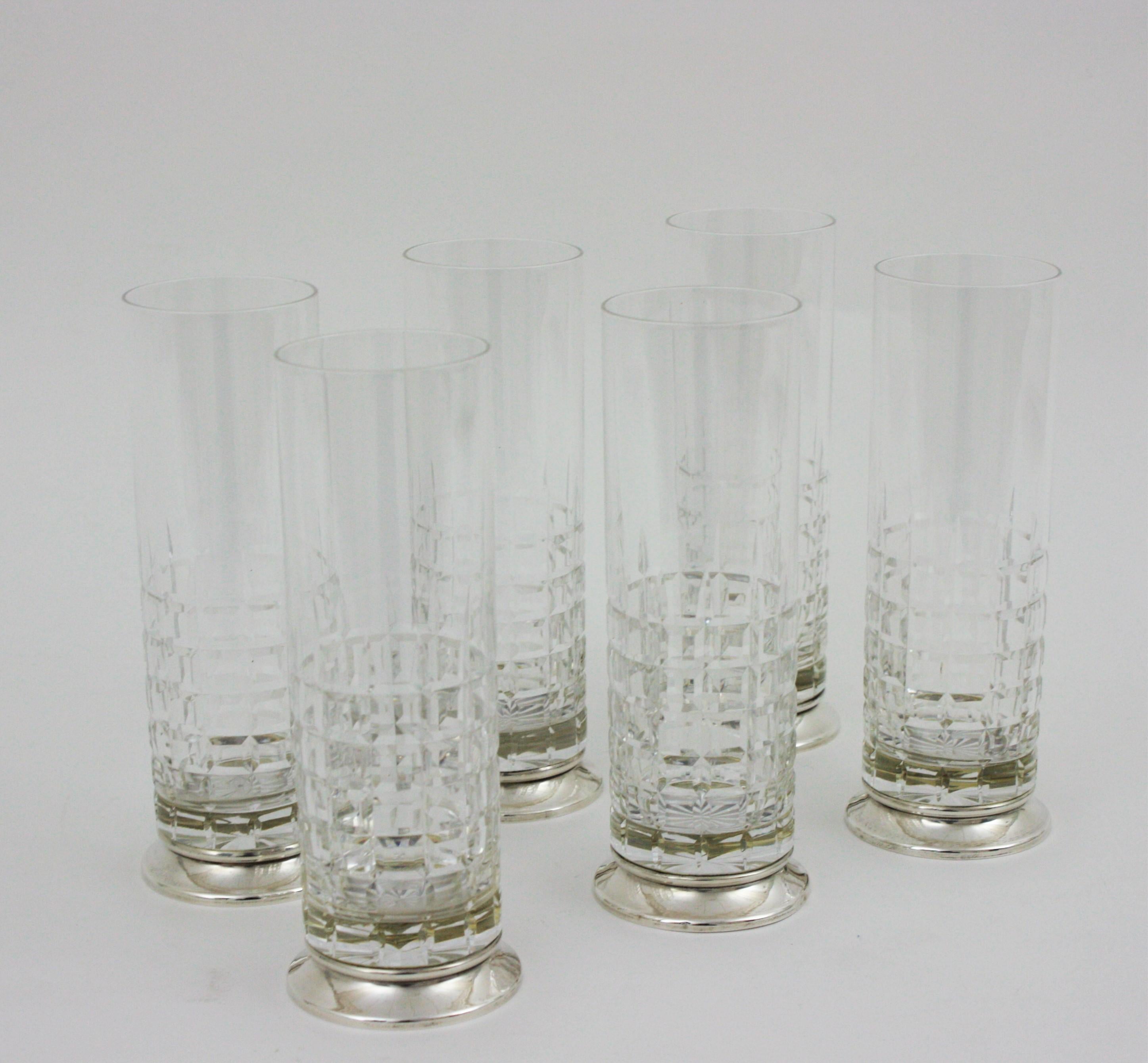 Set of 6 Cut Crystal and Sterling Silver Highball Glasses In Excellent Condition For Sale In Barcelona, ES