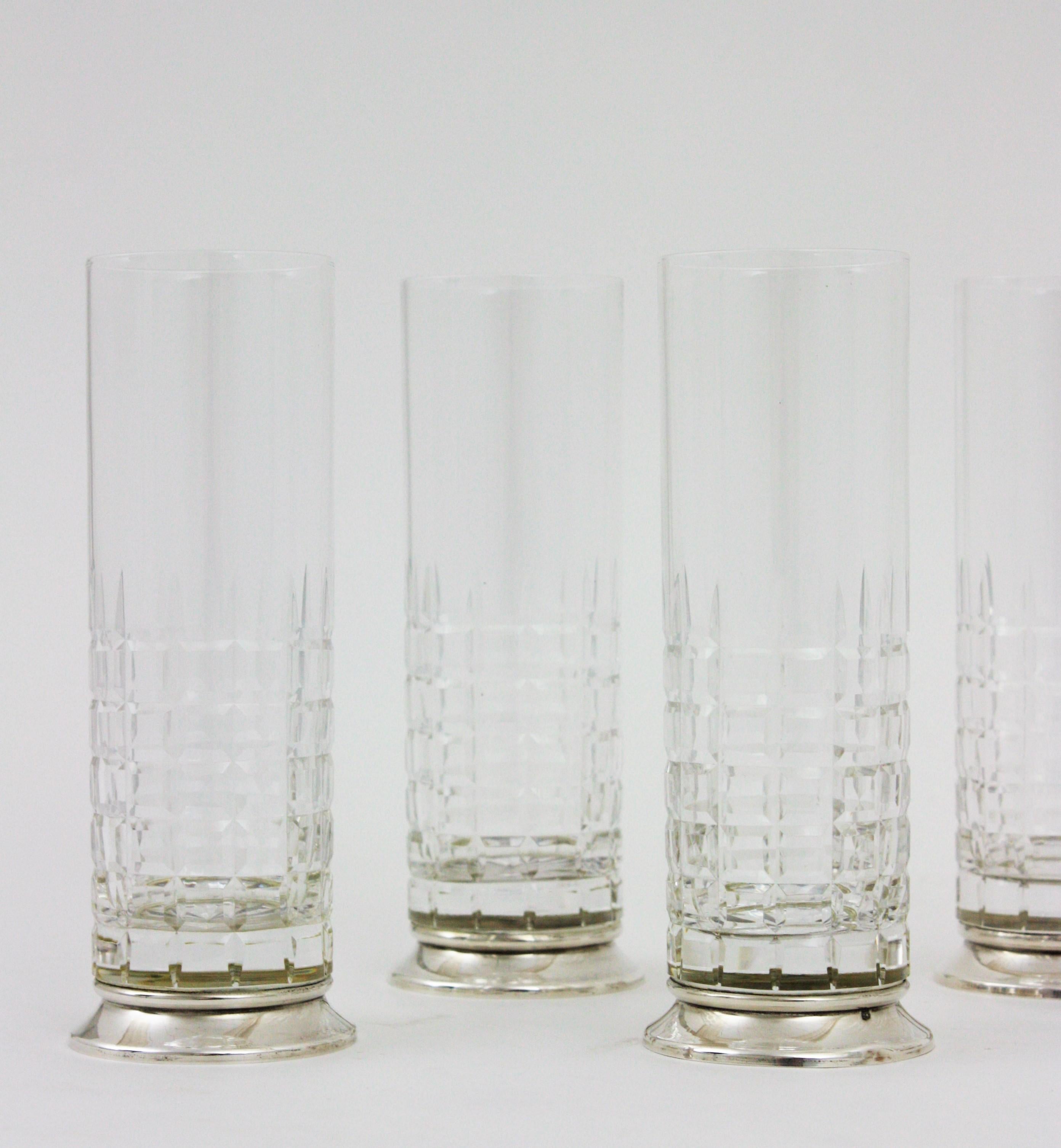 20th Century Set of 6 Cut Crystal and Sterling Silver Highball Glasses For Sale