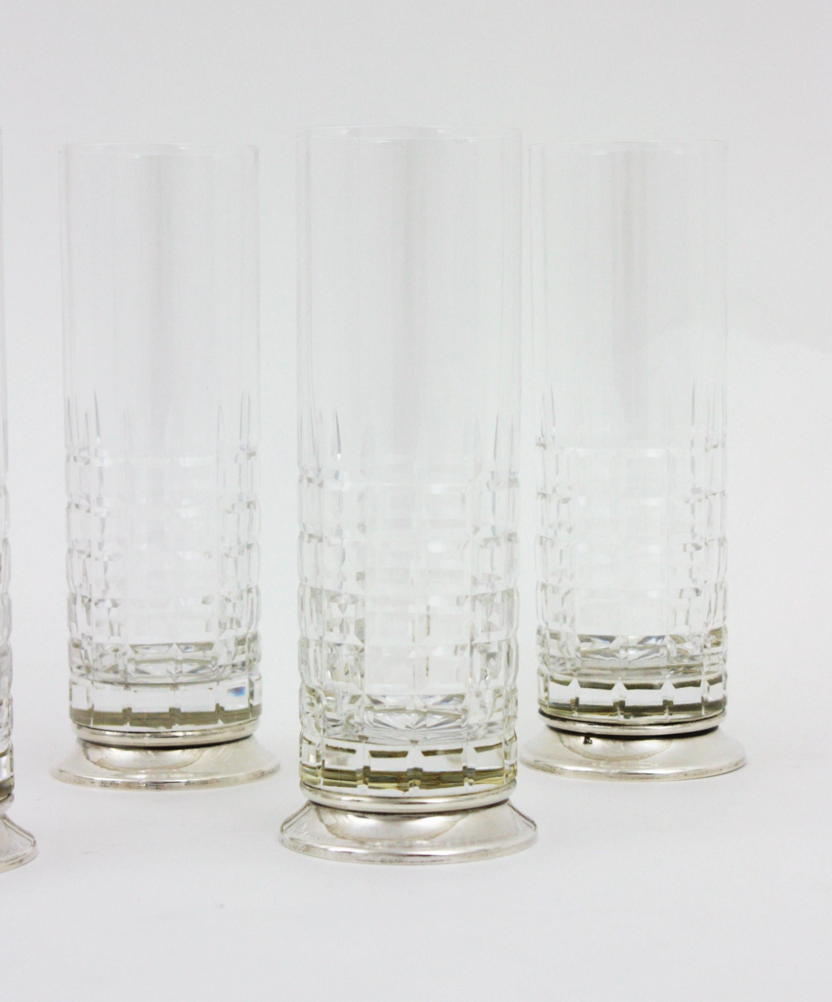 Set of 6 Cut Crystal and Sterling Silver Highball Glasses For Sale 1