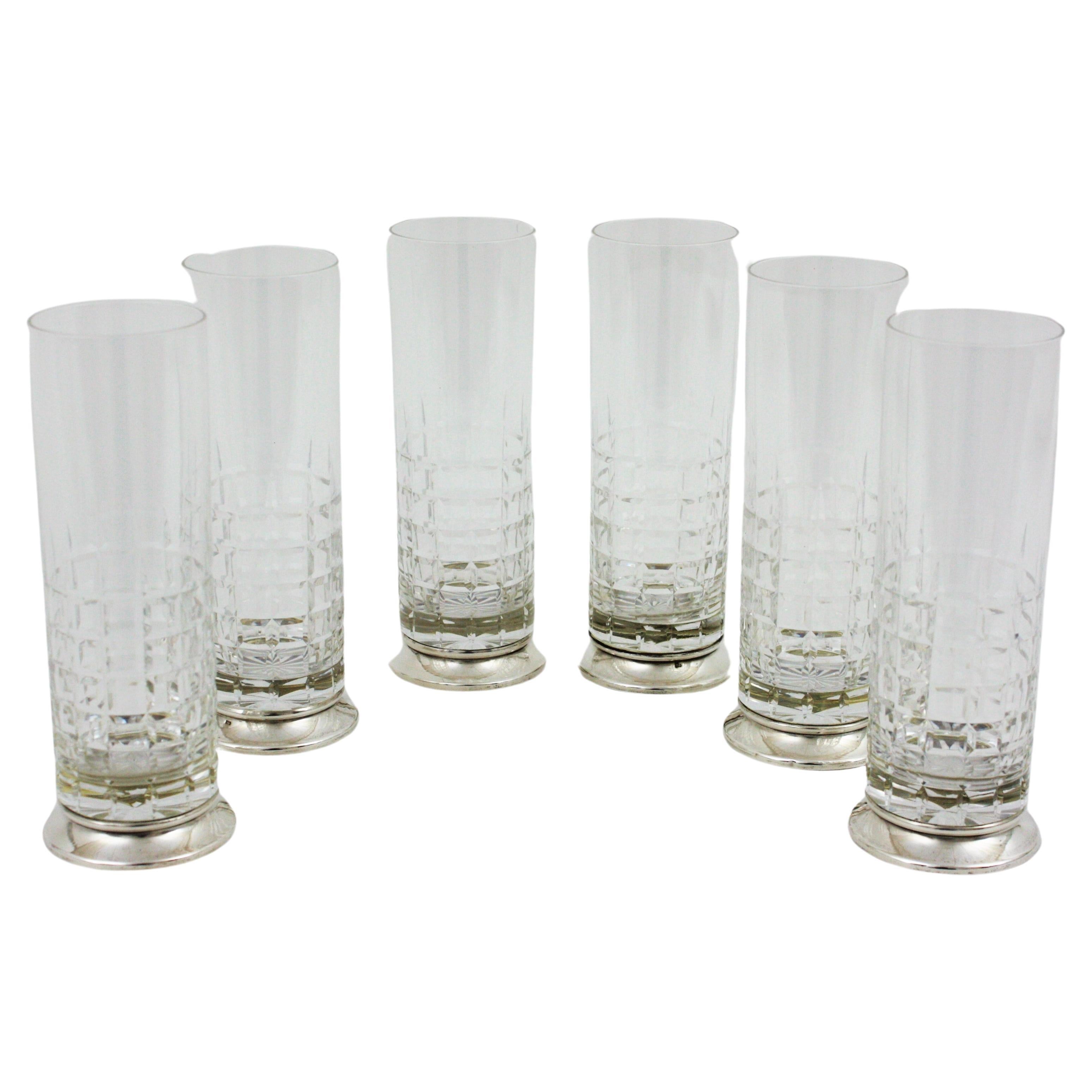 Ensemble de 6 verres à boules hauts en cristal taillé et argent sterling