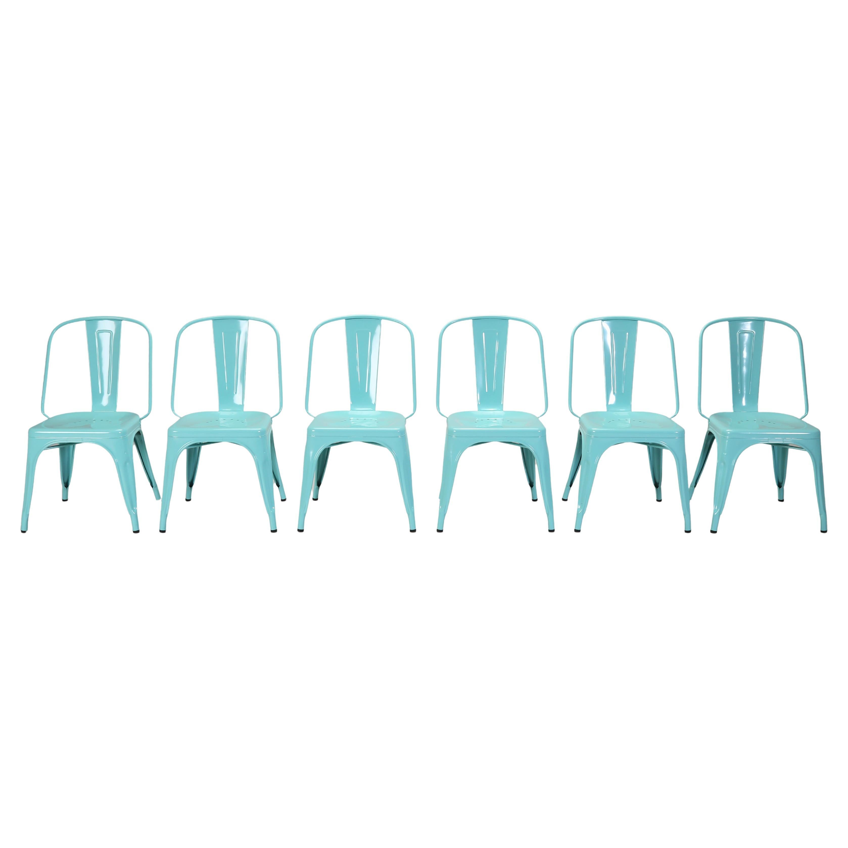 Set di (6) sedie impilabili in acciaio in stile Tolix AC di colore blu ciano originale francese