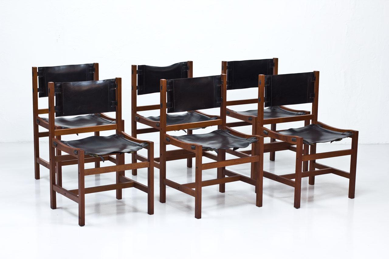 Scandinavian Modern Set of 6 Danish Chairs in Teak and Saddle Leather