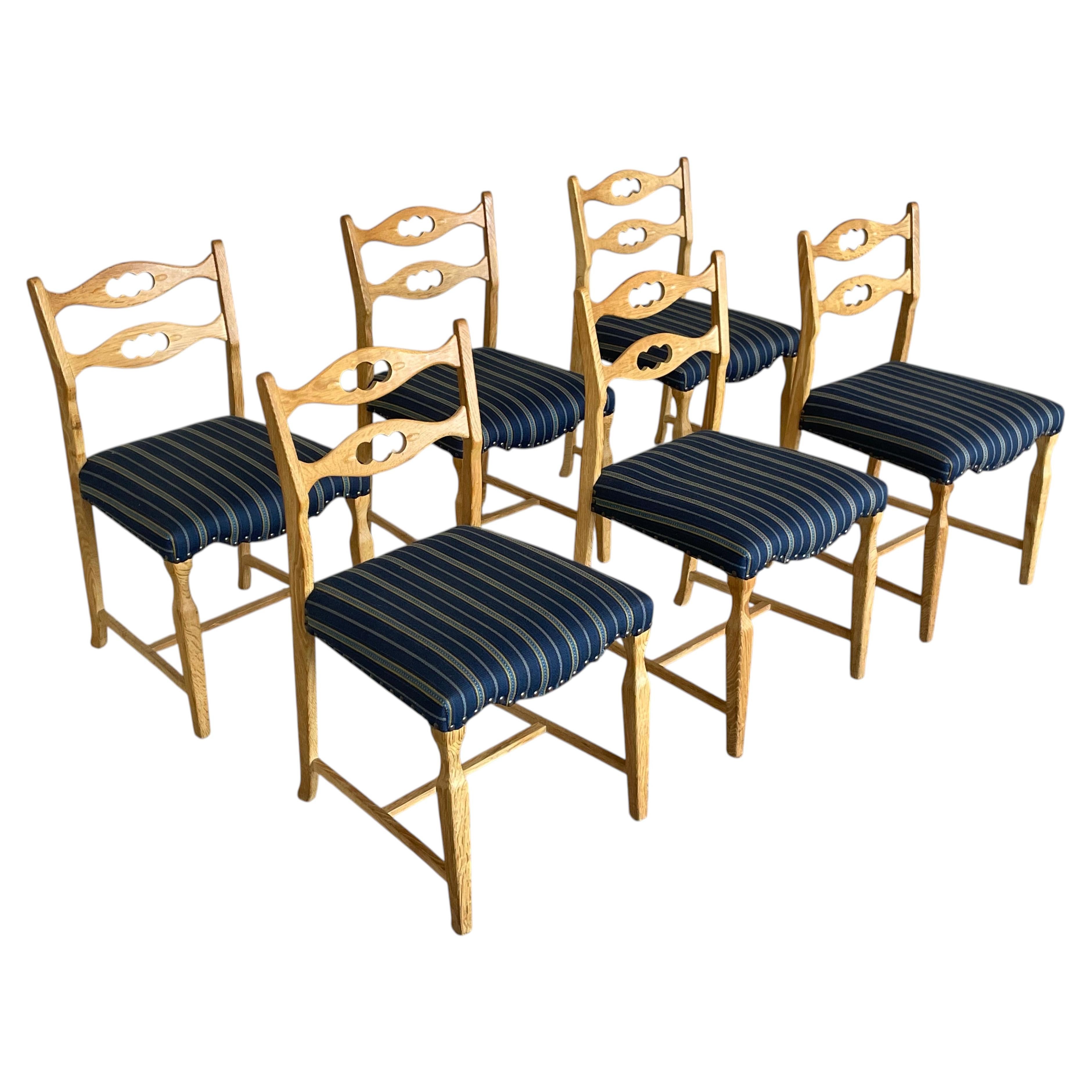 Set of 6 Danish Dining Chairs, Henning Kjærnulf, Oak & Olmerdug, 1960s