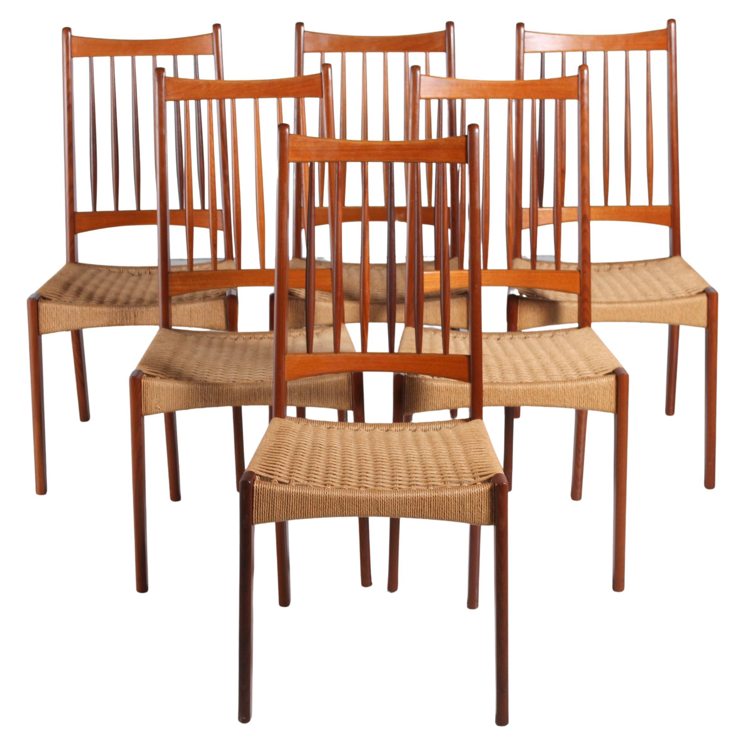 Set of 6 Danish Dining Chairs with papercord seats by Arne Hovmand-Olsen for Mog