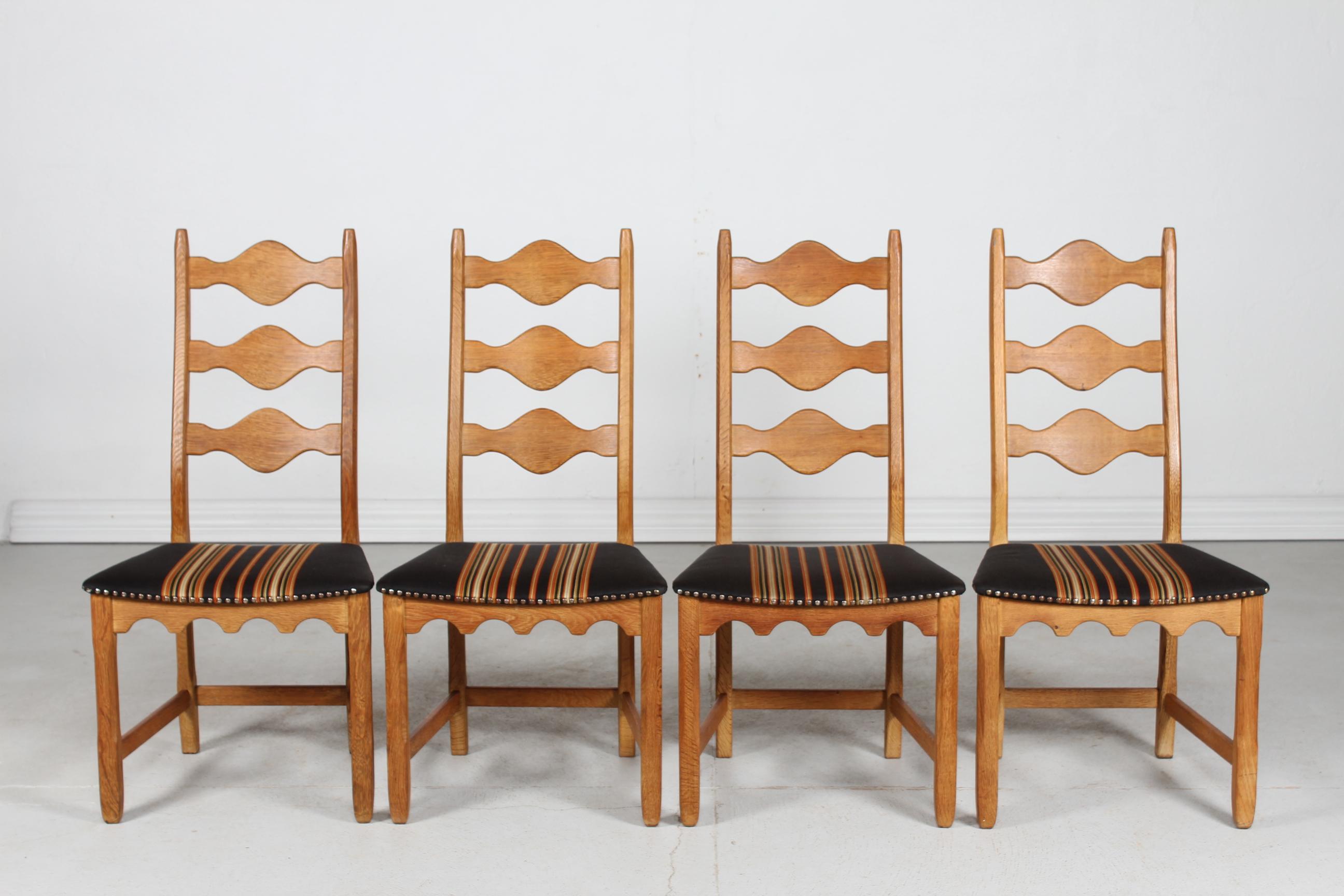 Woodwork Set of 6 Danish Henning Kjærnulf Chairs of Solid Oak with Original Wool, 1970s For Sale