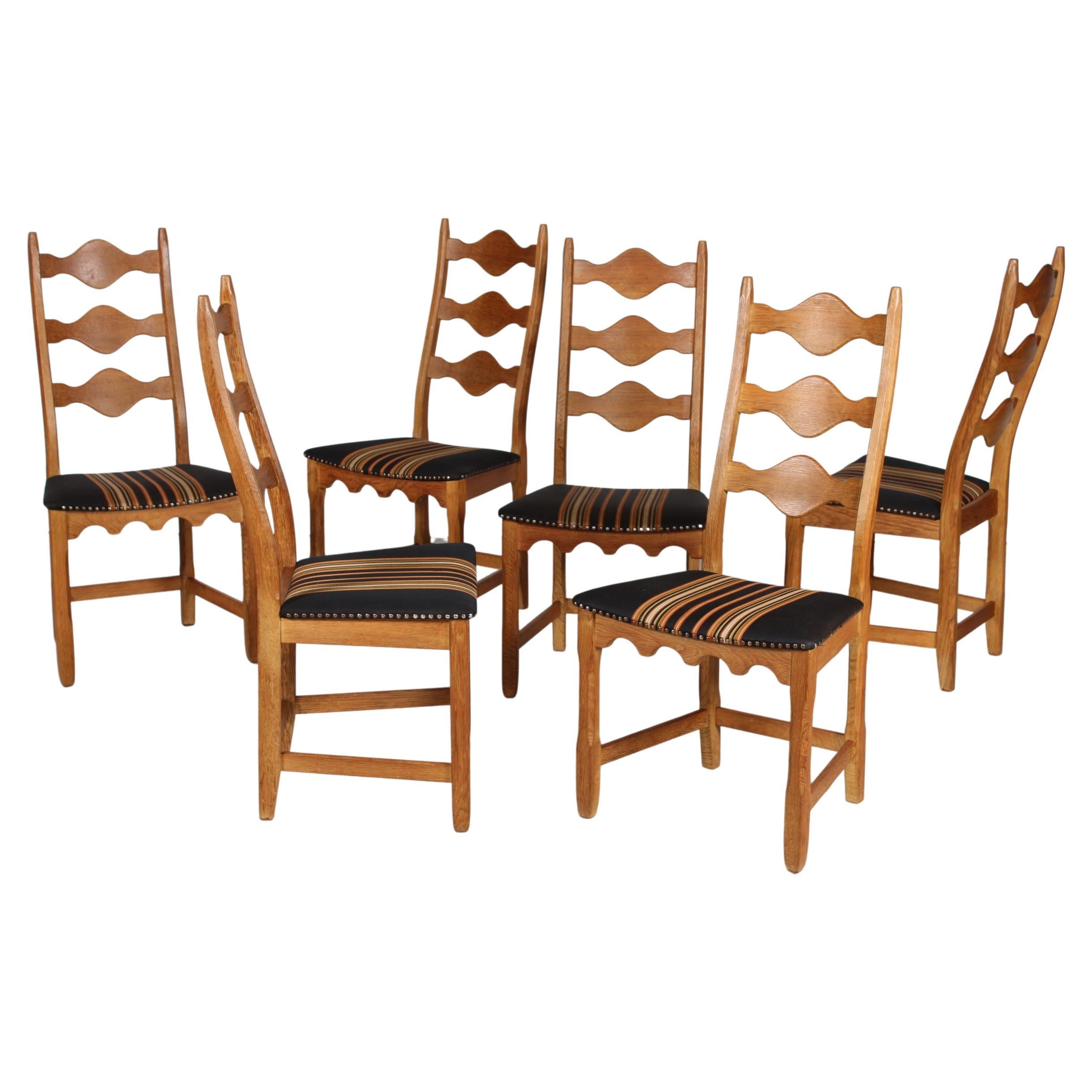 Set of 6 Danish Henning Kjærnulf Chairs of Solid Oak with Original Wool, 1970s For Sale