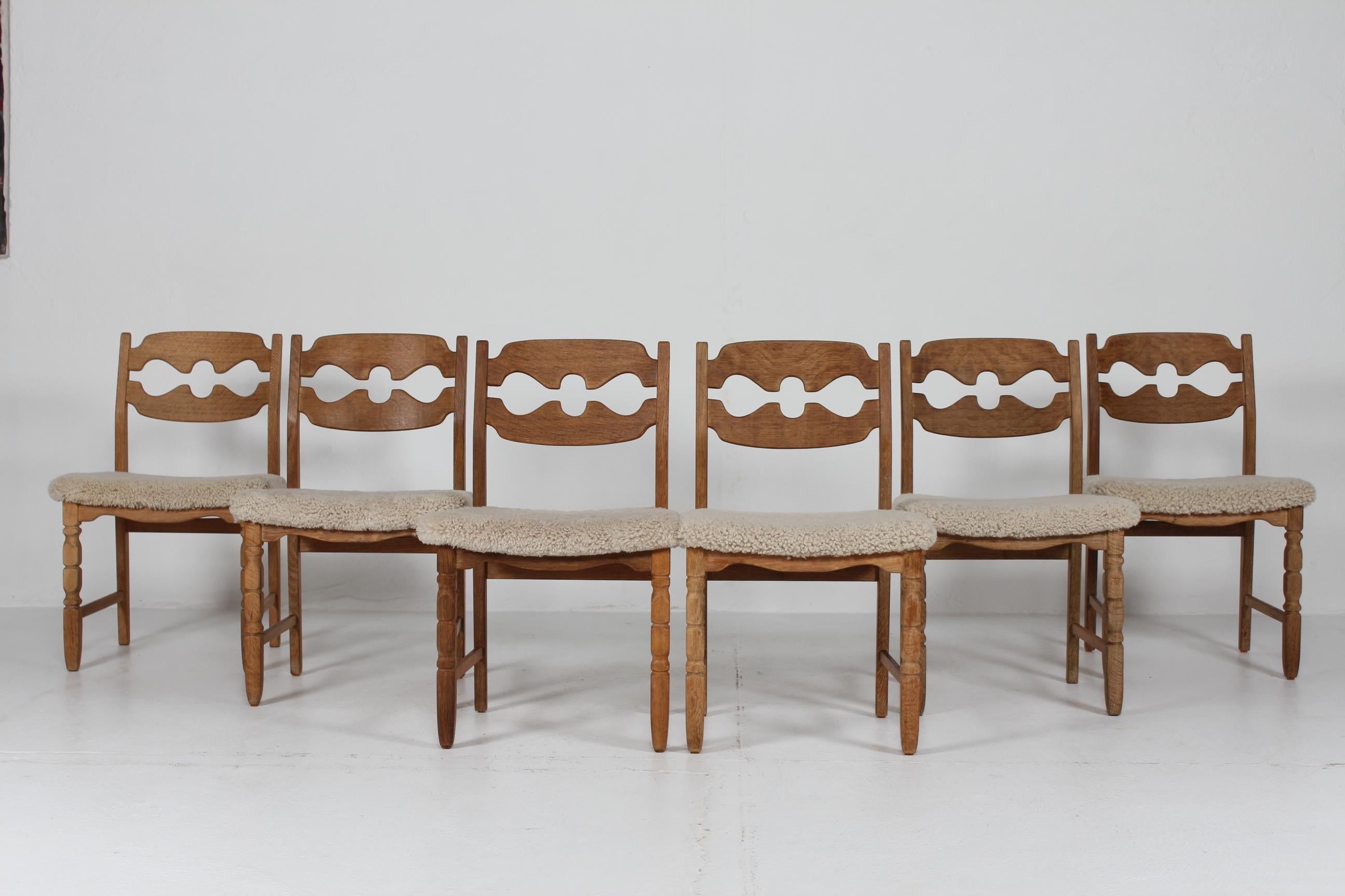Set of 6 Danish Henning Kjærnulf Razor Blade Chairs of Oak + New Sheepskin 1970s 4