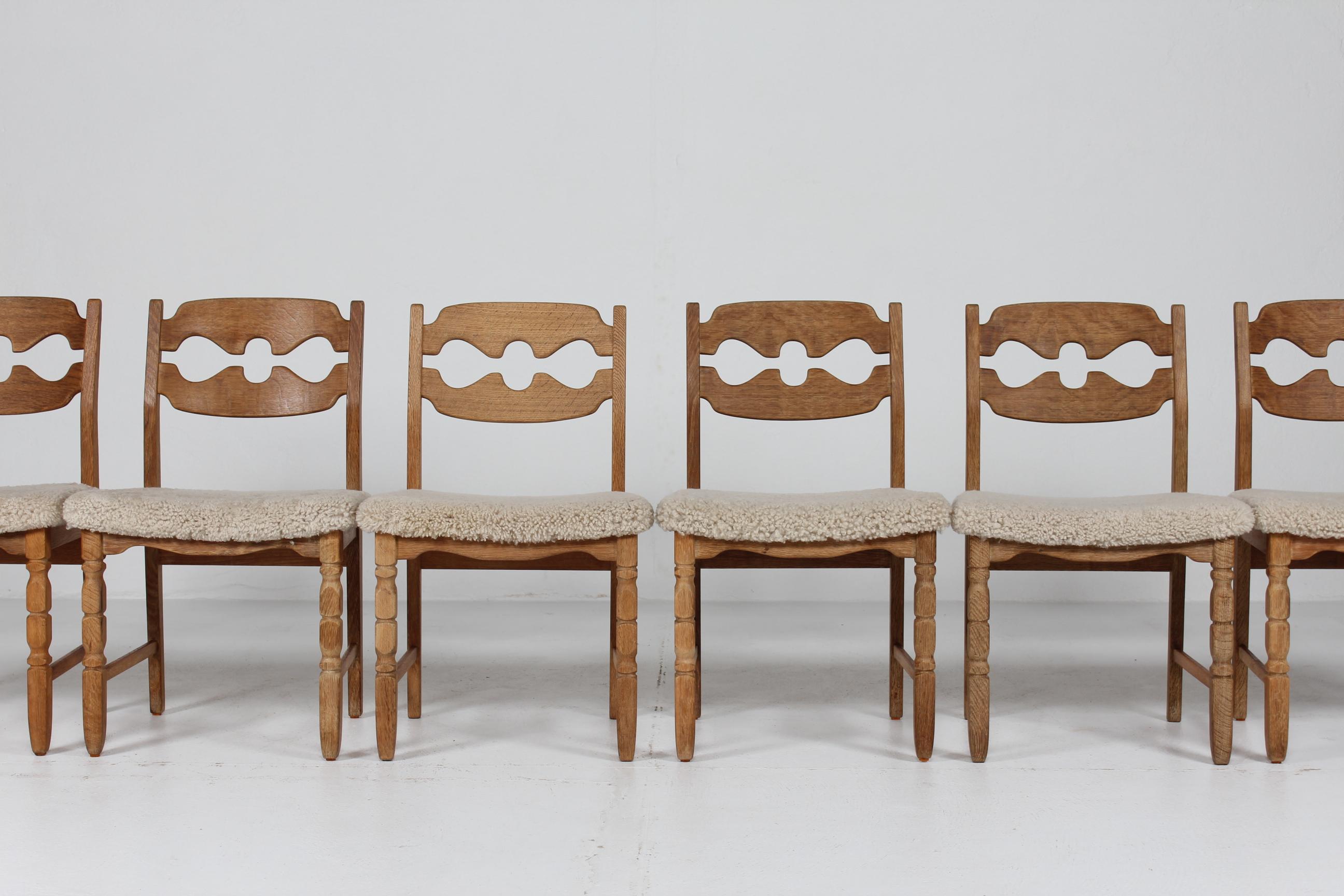 Mid-Century Modern Set of 6 Danish Henning Kjærnulf Razor Blade Chairs of Oak + New Sheepskin 1970s