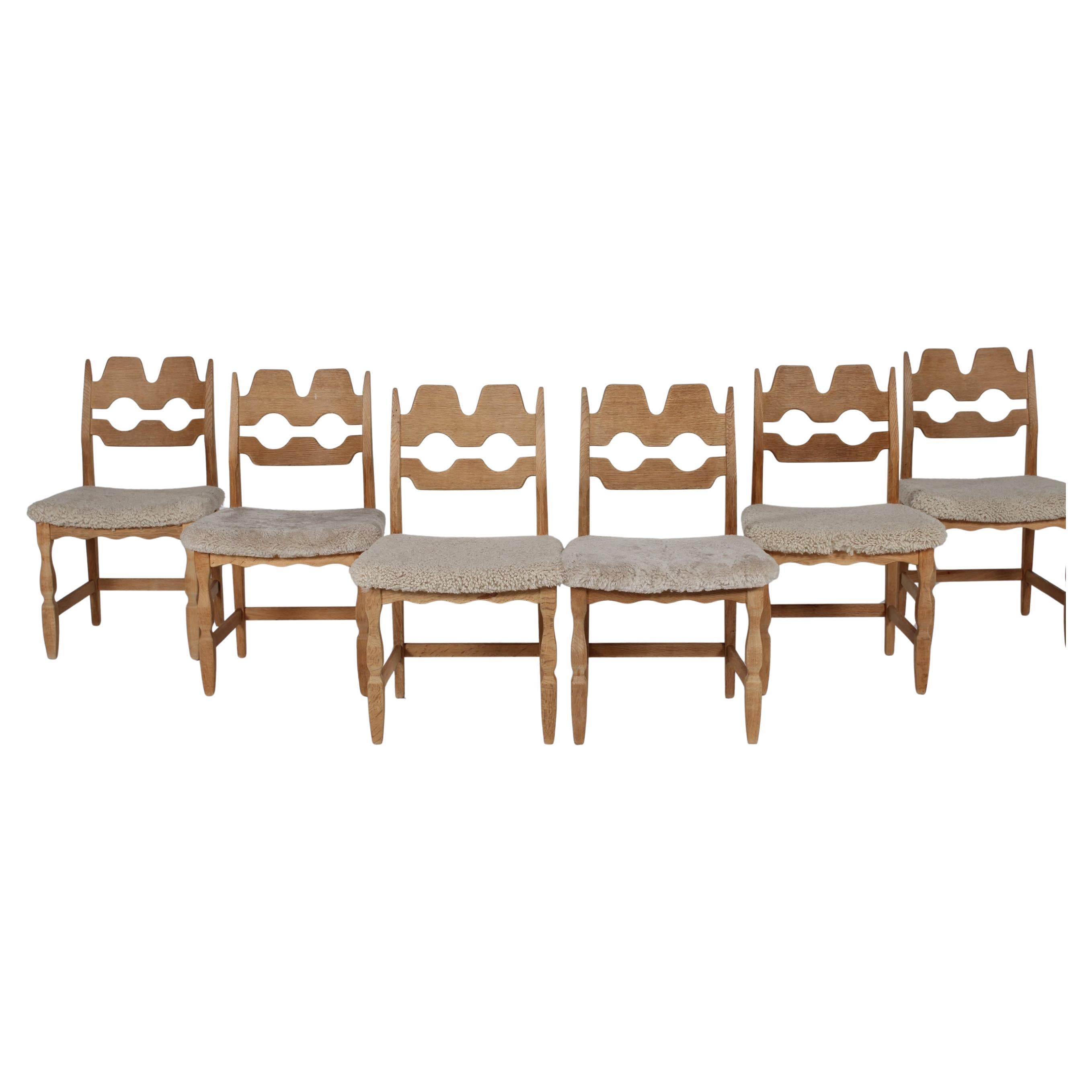 Set of 6 Danish Henning Kjærnulf Razor Blade Chairs of Oak + New Sheepskin 1970s